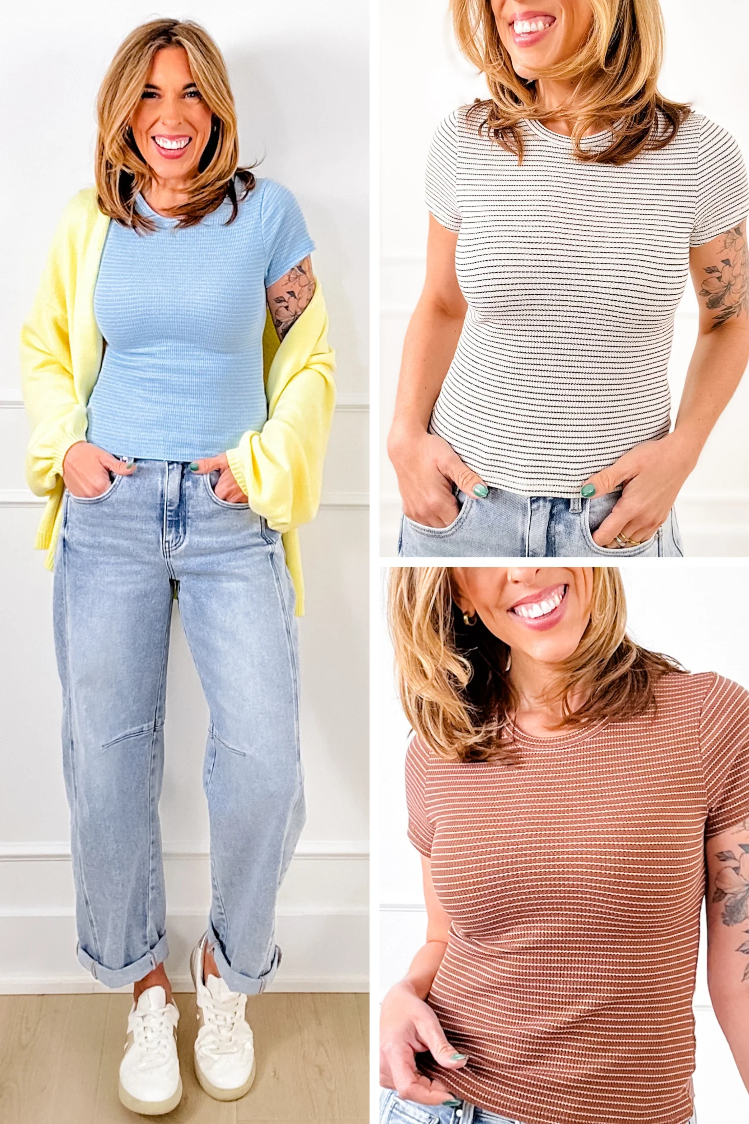 Striped Ribbed Knit Short Sleeve Crew Neck Top - Image 2