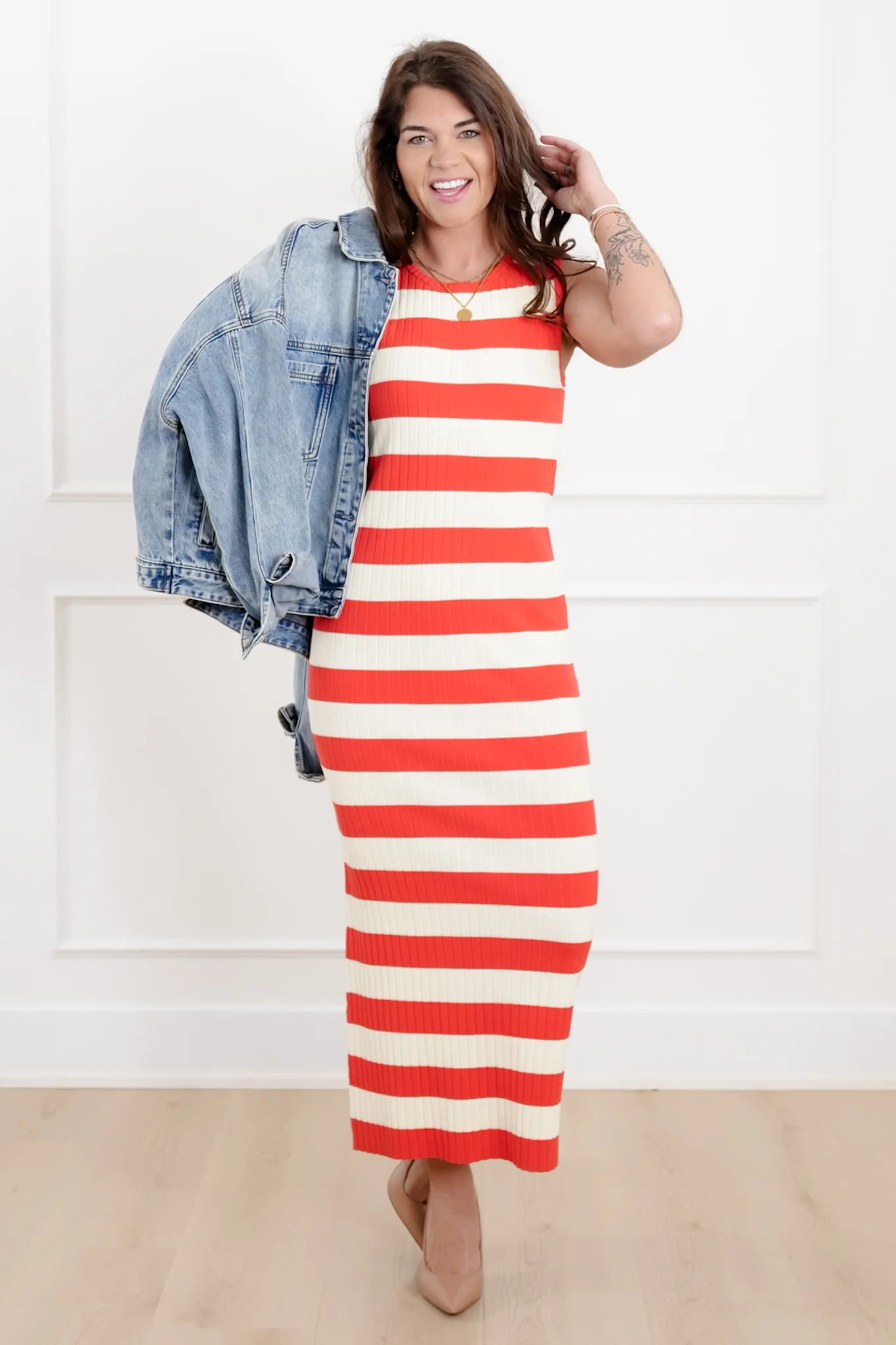 Striped Ribbed Knit Sleeveless Midi Sweater Dress - Image 6
