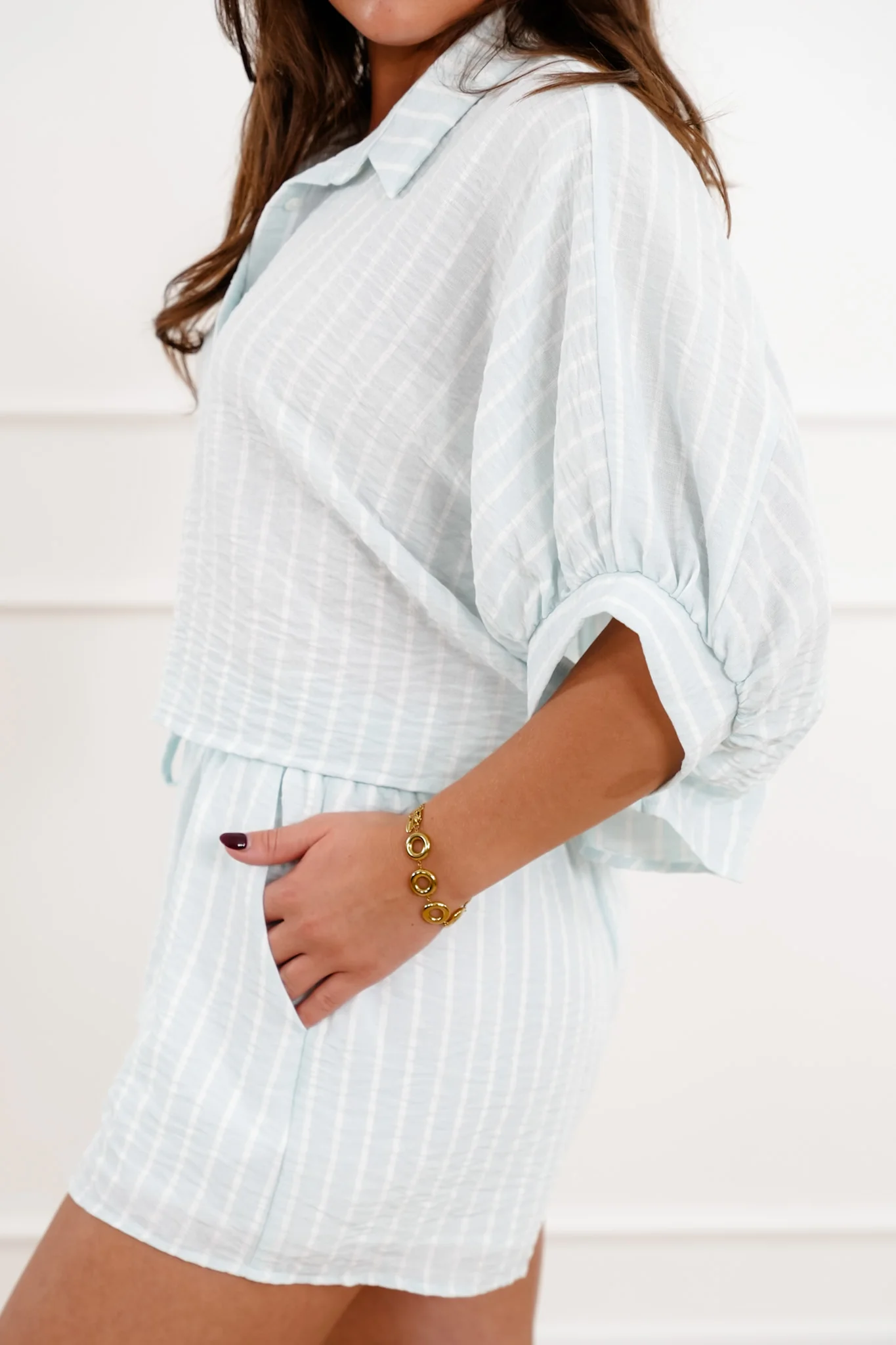 Striped Short Sleeve Button Down Top with Shorts Set - Image 5