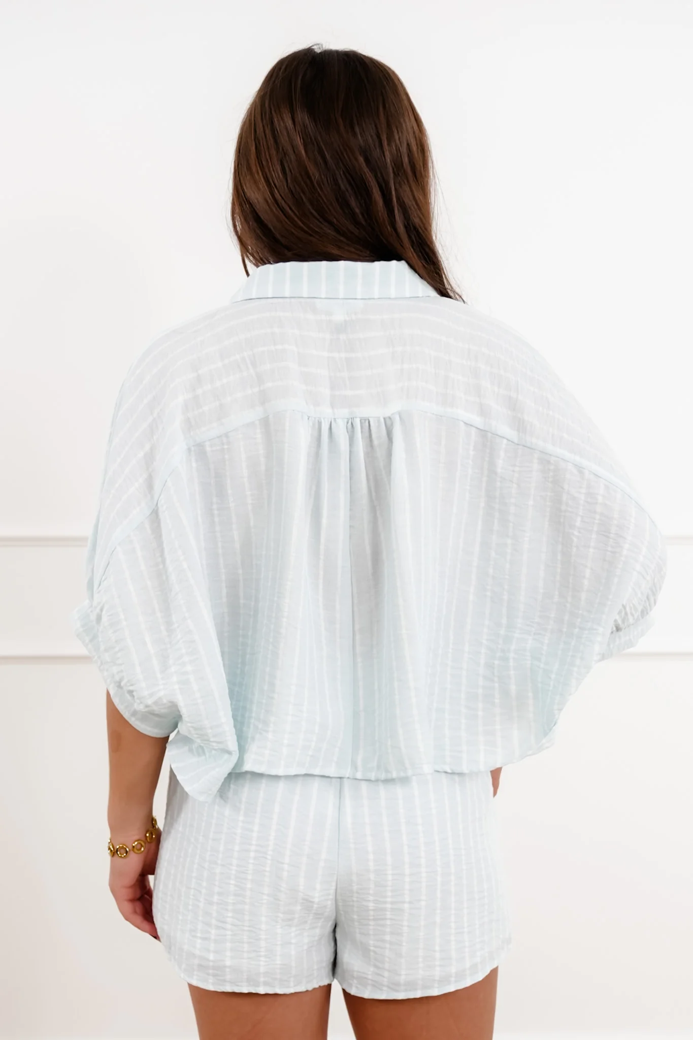 Striped Short Sleeve Button Down Top with Shorts Set - Image 6