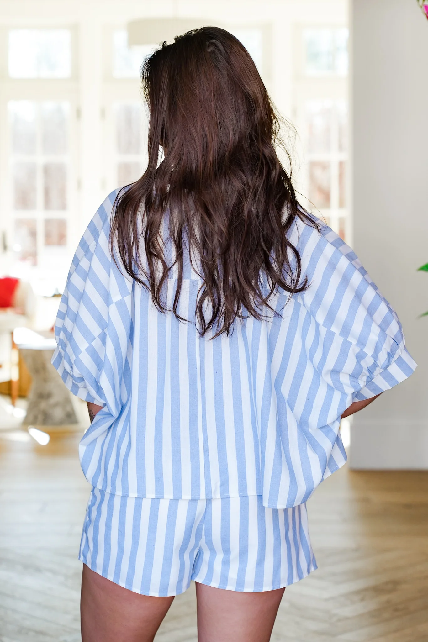 Striped Short Sleeve Button Up Top with Shorts Set - Image 4
