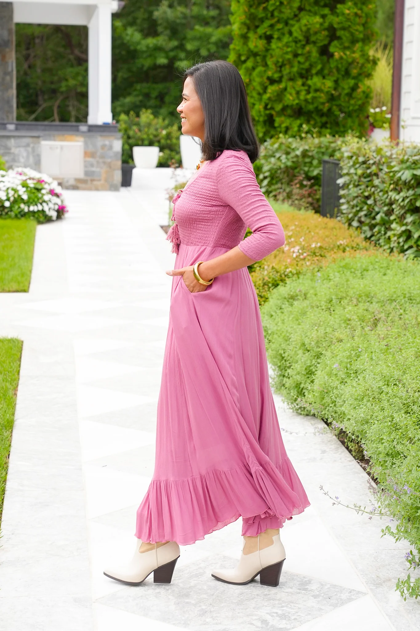 Textured 3/4 Sleeve Lace-Up Maxi Dress - Image 3