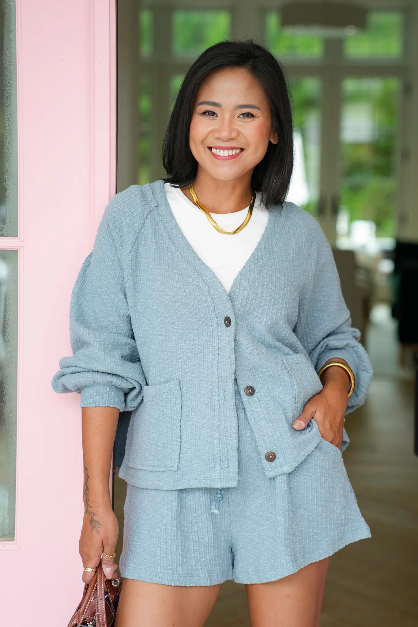 Textured Long Sleeve Cardigan and Shorts Set - Image 4