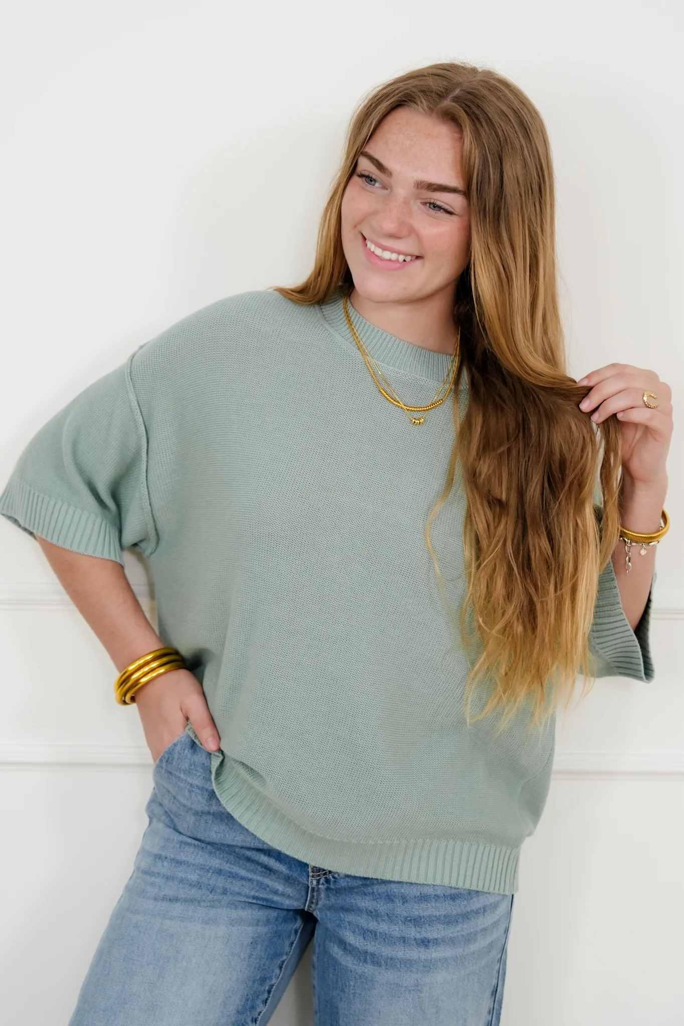 Textured Short Sleeve Round Neck Sweater Top - Image 5