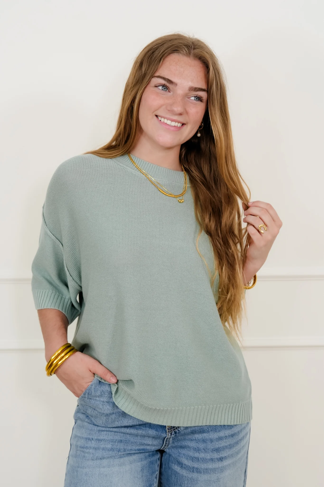 Textured Short Sleeve Round Neck Sweater Top - Image 6