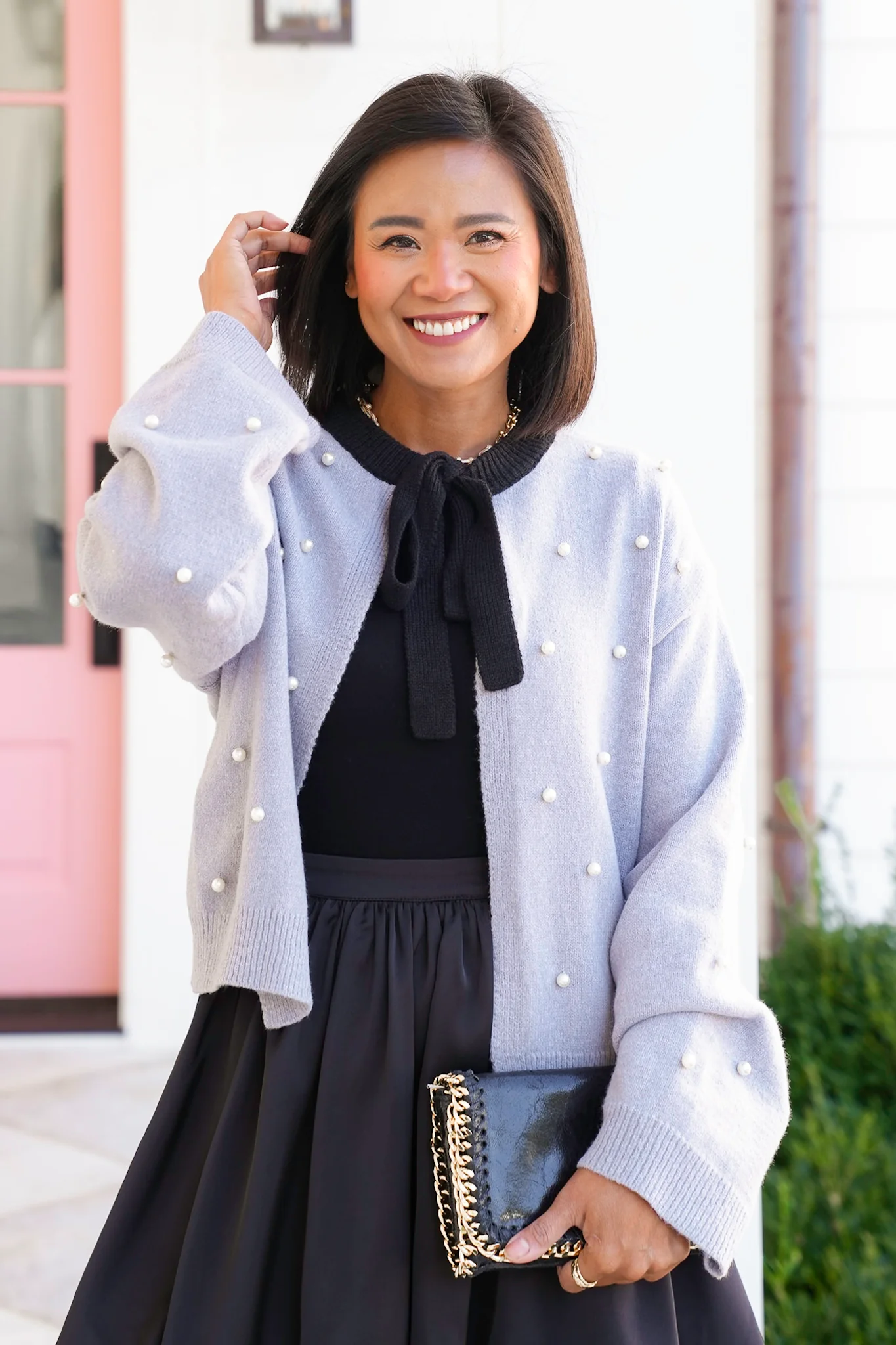 Tie At The Neck Long Sleeve Cardigan with Pearl Studs - Image 3