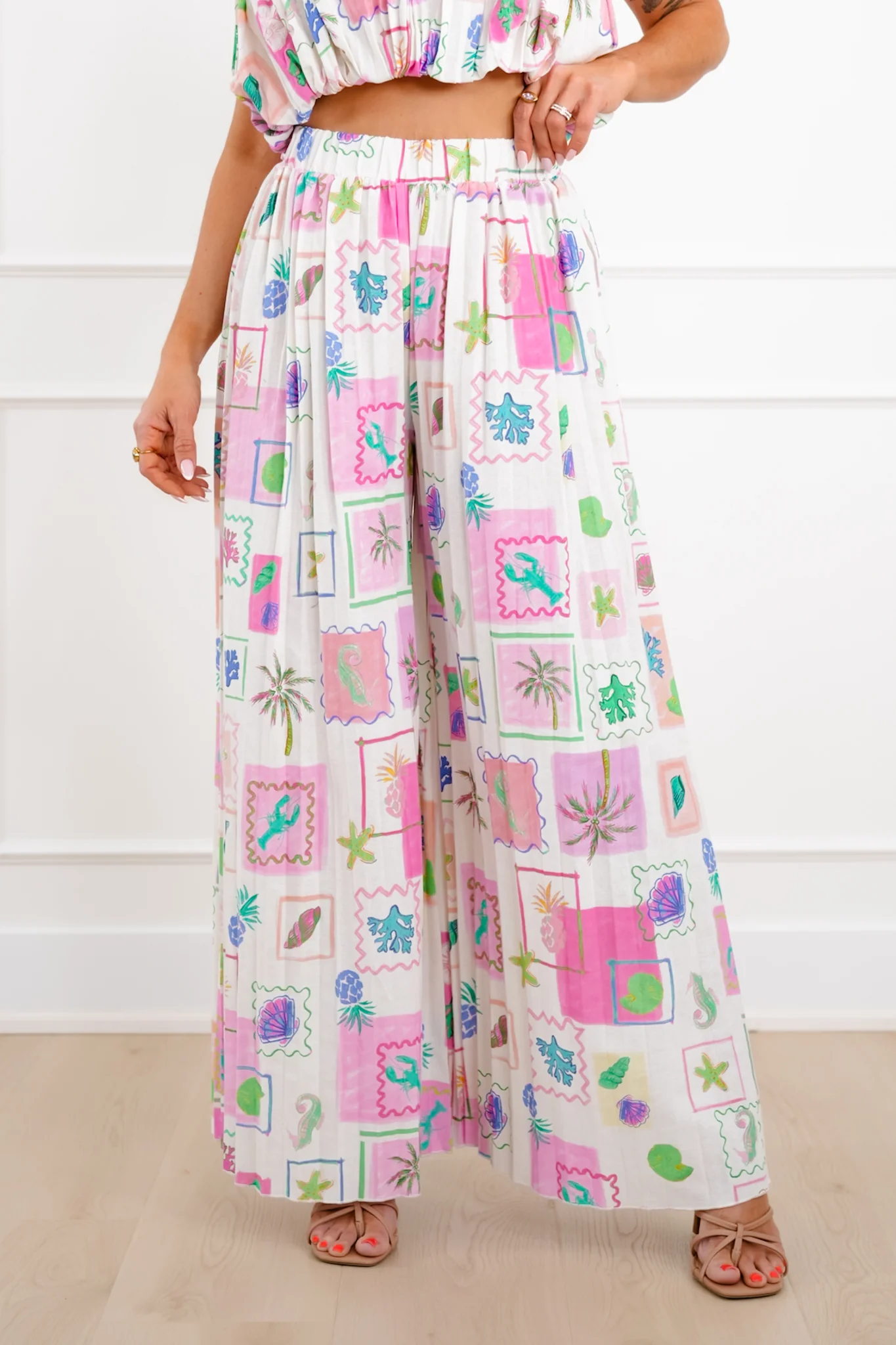 Tropical Print Elastic Waist Pleated Flowy Pants - Image 2