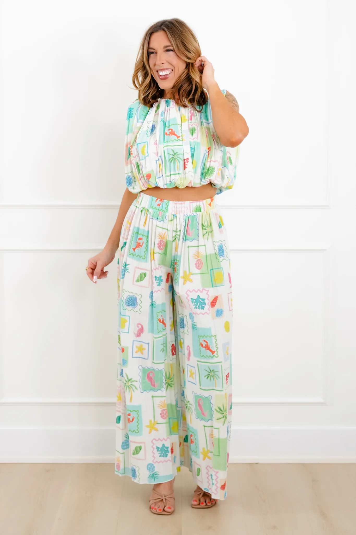 Tropical Print Elastic Waist Pleated Flowy Pants - Image 6