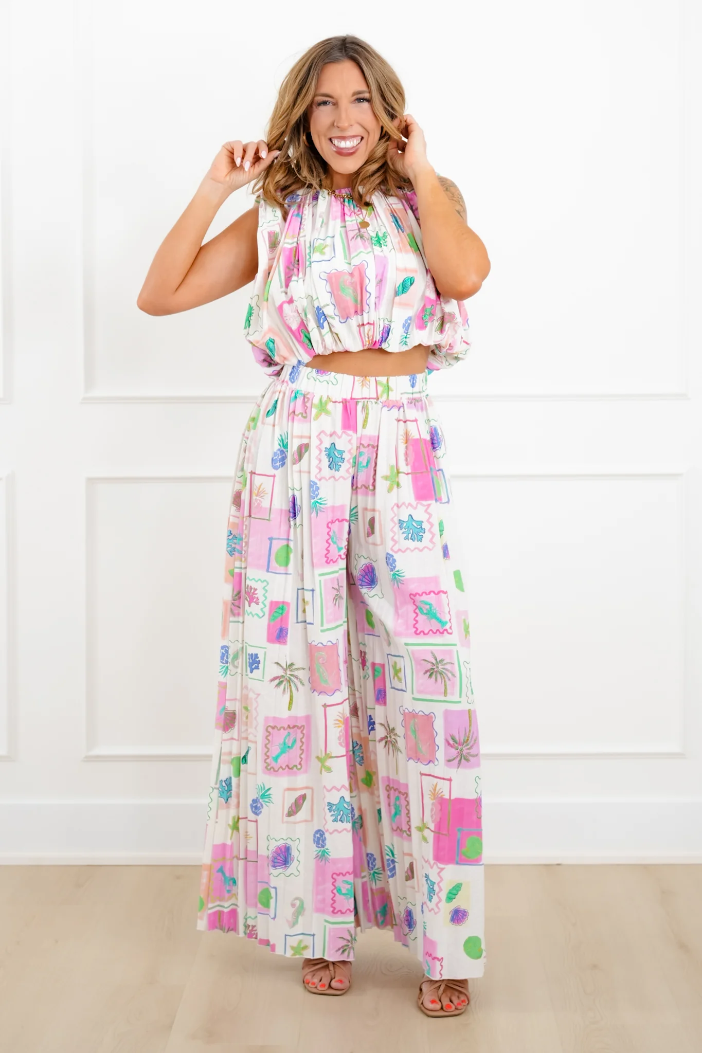 Tropical Print Elastic Waist Pleated Flowy Pants - Image 7