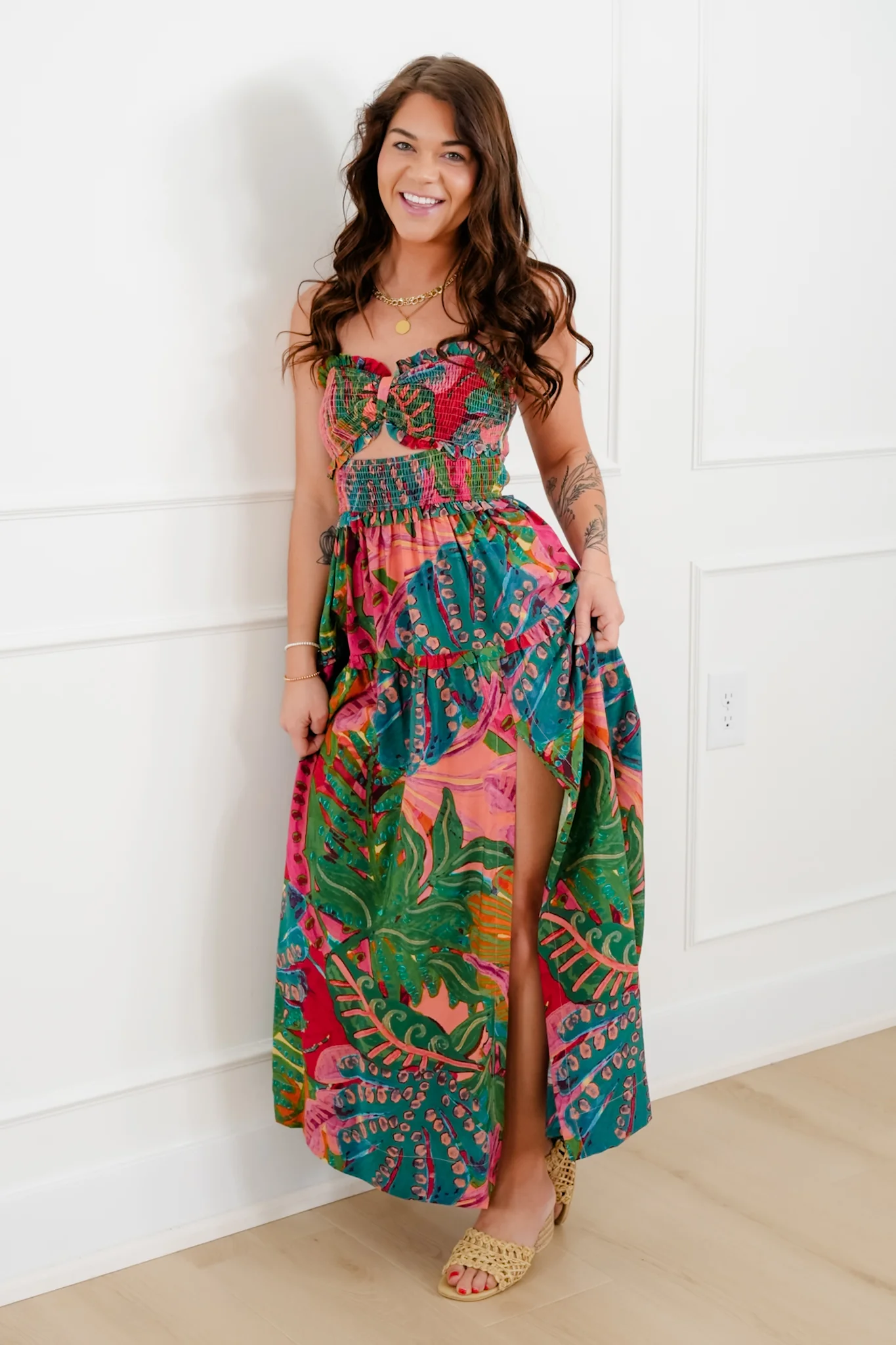 Tropical Print Sleeveless Smocked Bodice Maxi Dress - Image 2