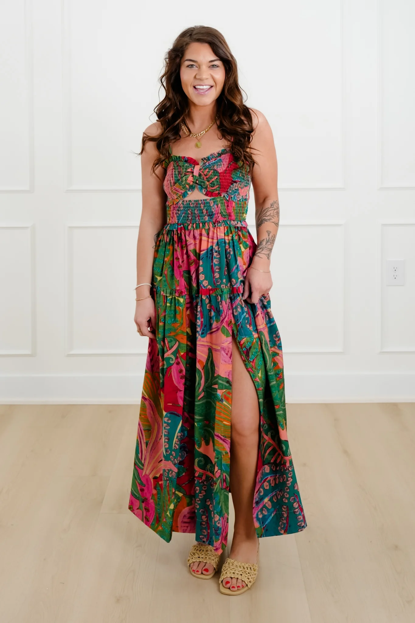 Tropical Print Sleeveless Smocked Bodice Maxi Dress - Image 5