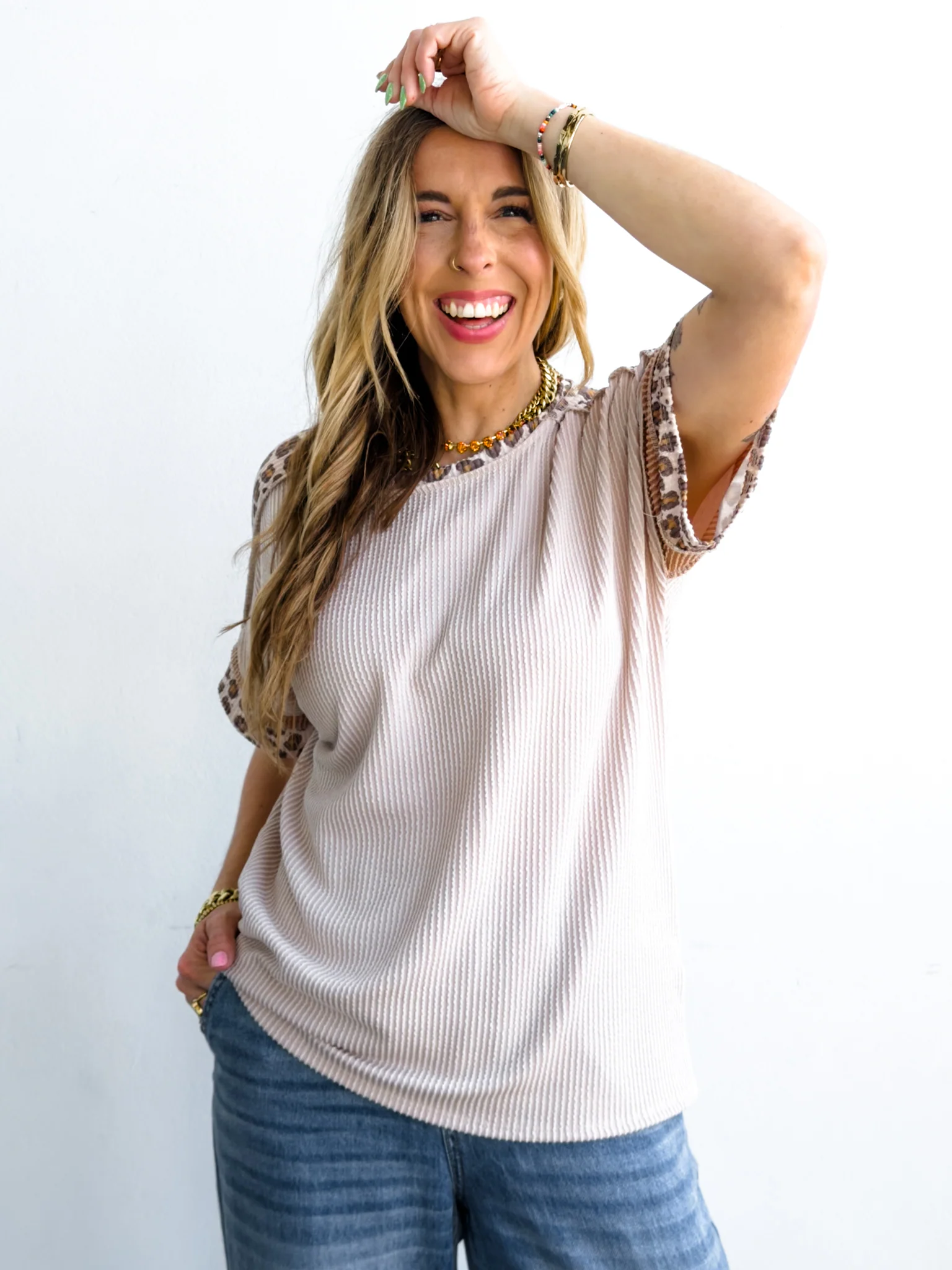 Leopard Print Urban Ribbed Short Sleeve Top