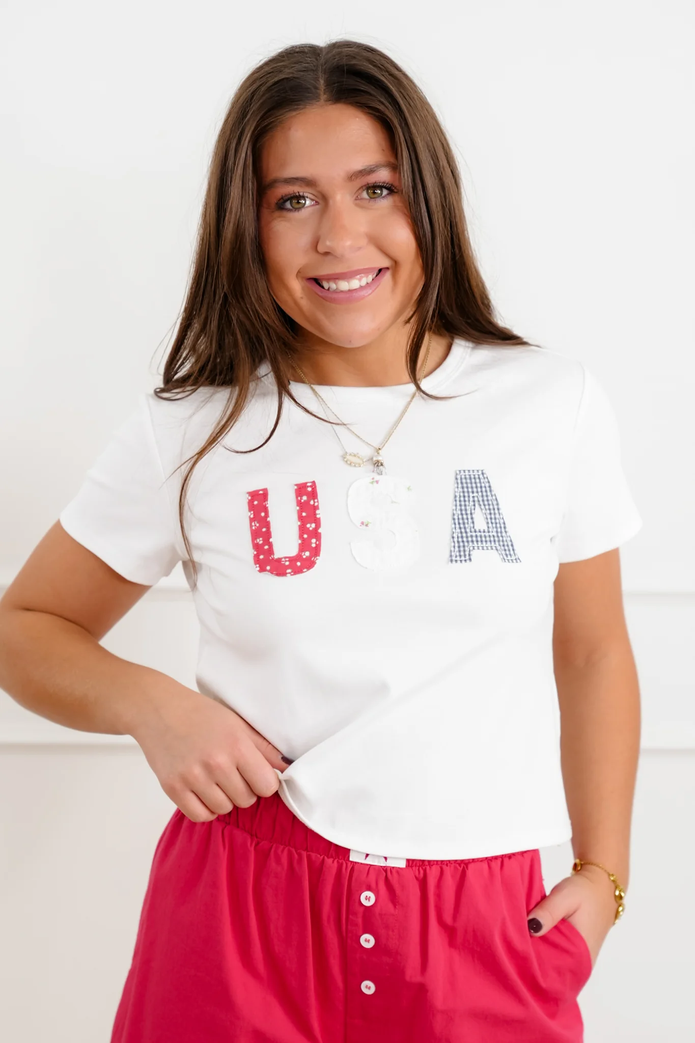 USA Patchwork Short Sleeve Crop Tee Shirt - Image 2