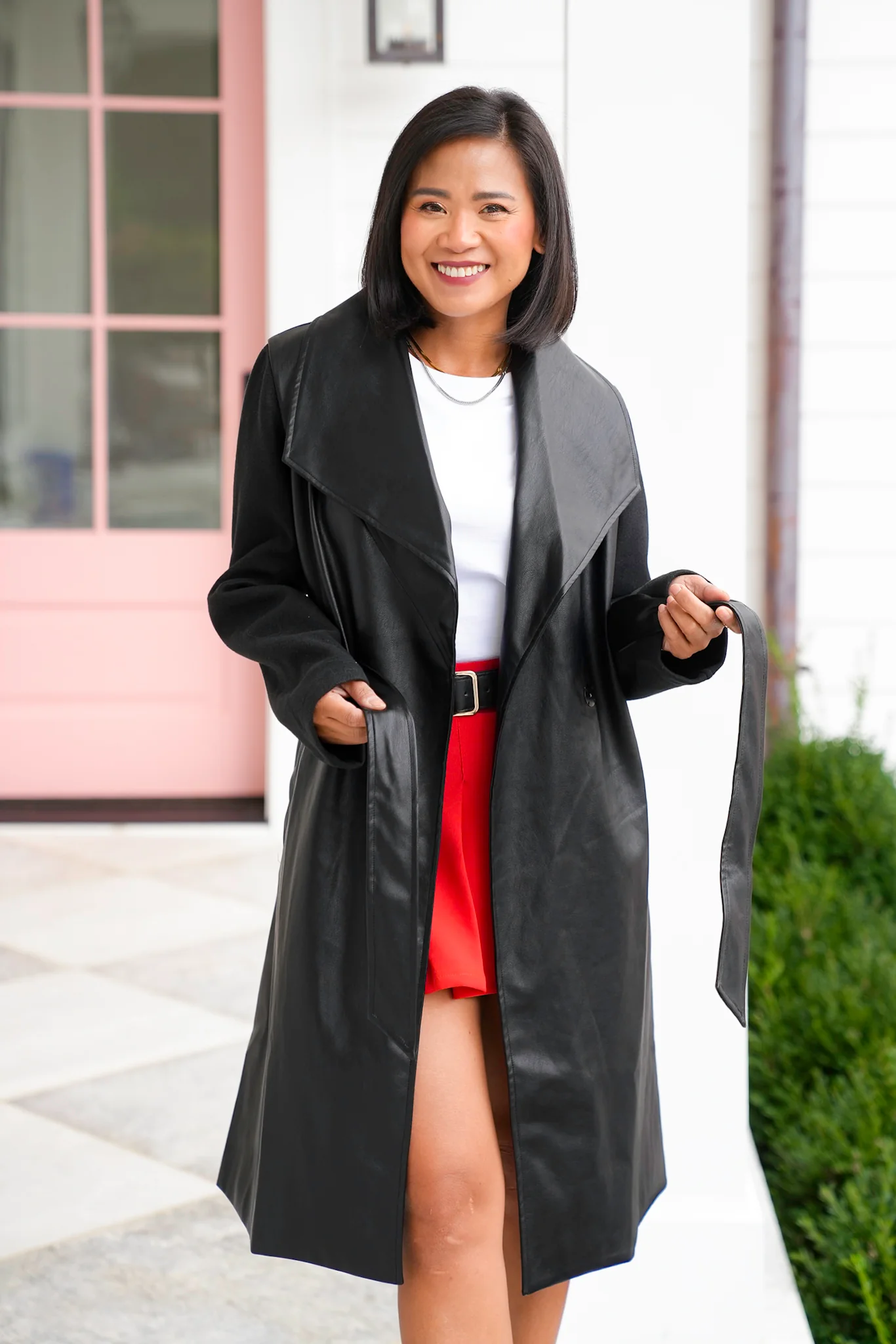 Vegan Leather Long Sleeve Belted Coat - Image 4