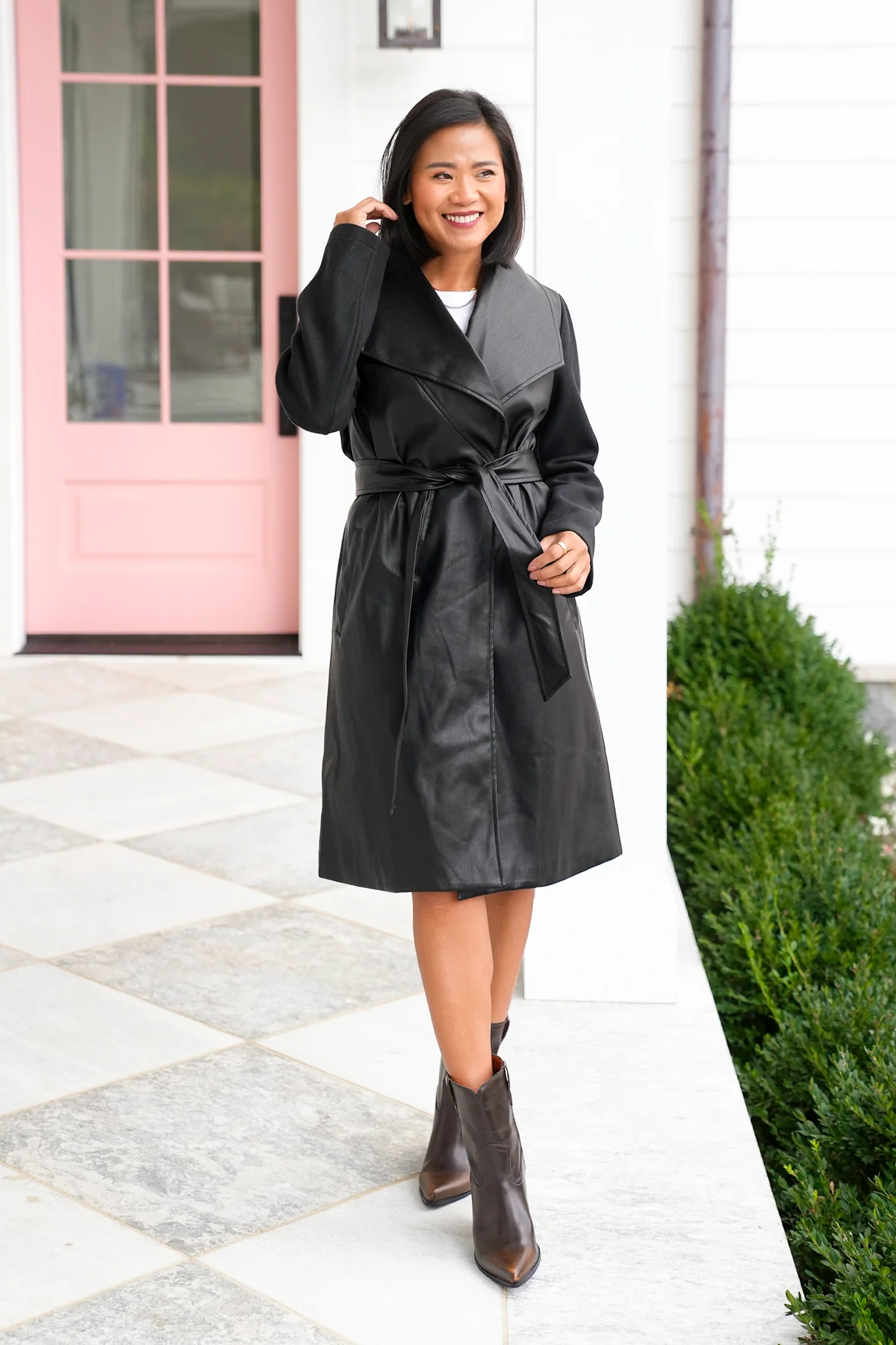 Vegan Leather Long Sleeve Belted Coat - Image 7