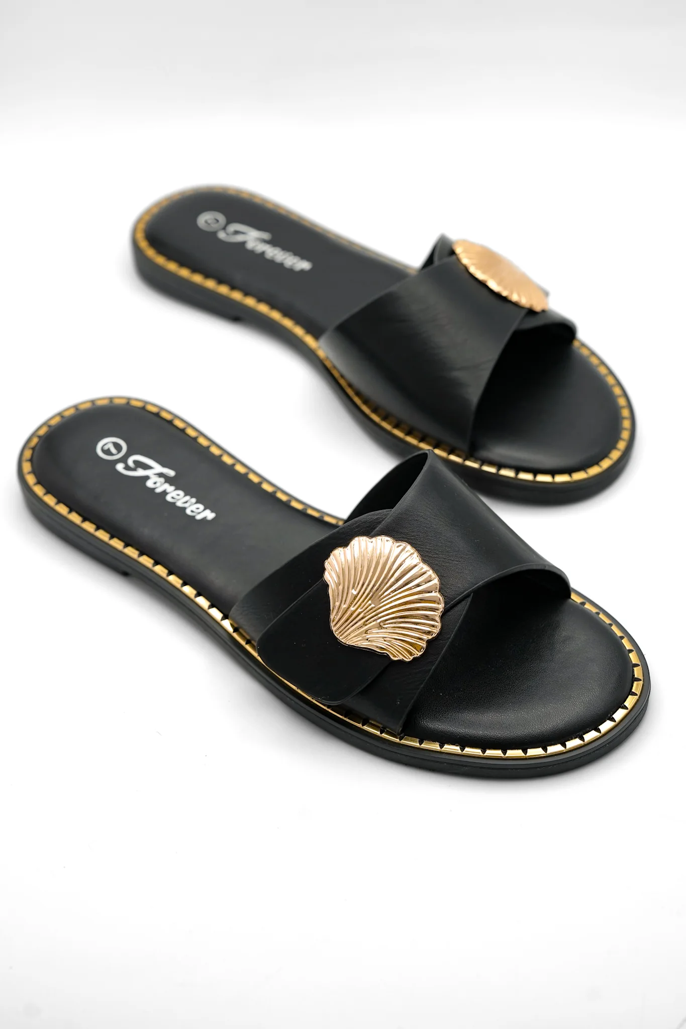 Vegan Leather Slide Sandal with Shell Accent - Image 2