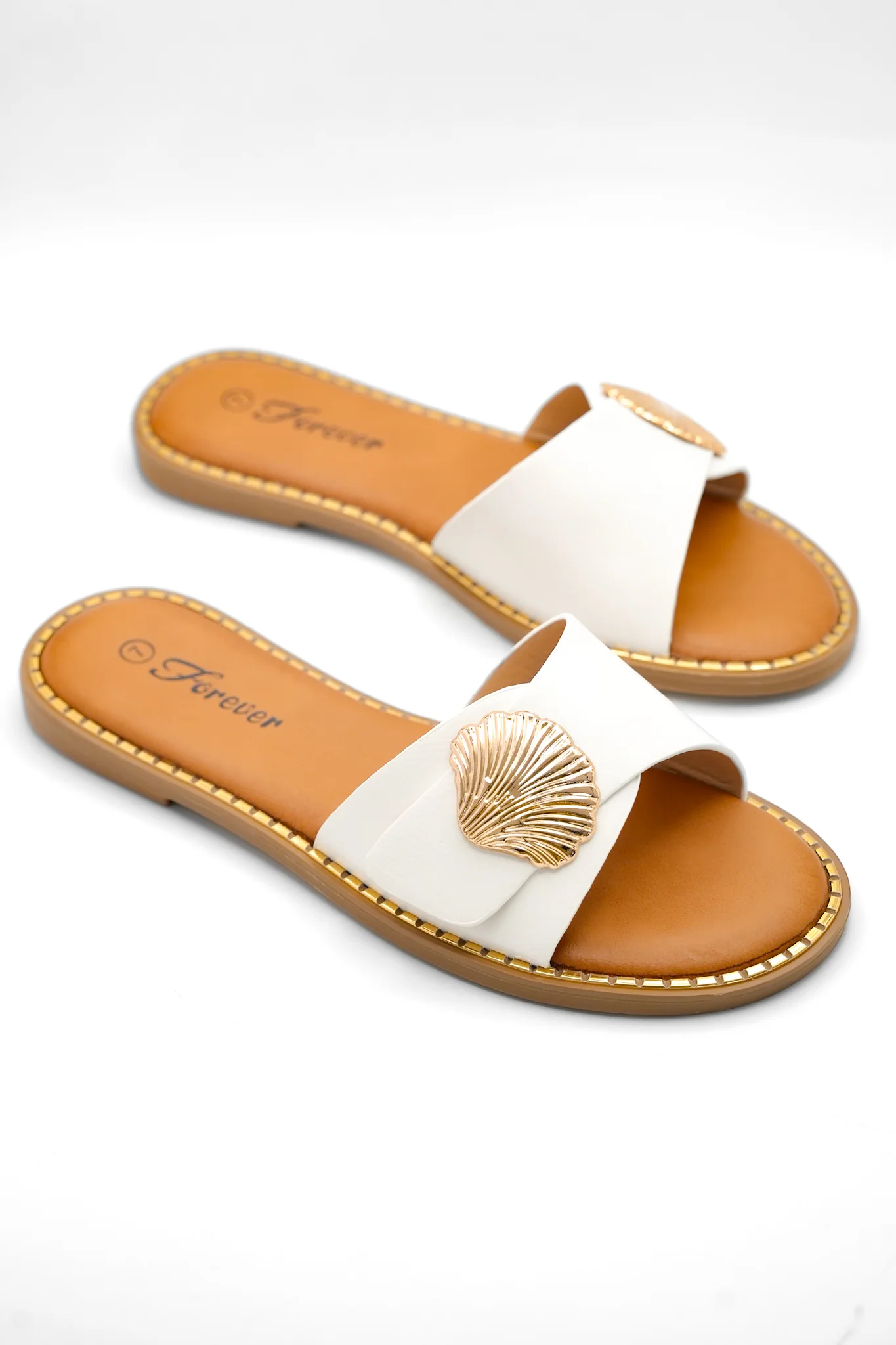 Vegan Leather Slide Sandal with Shell Accent - Image 3