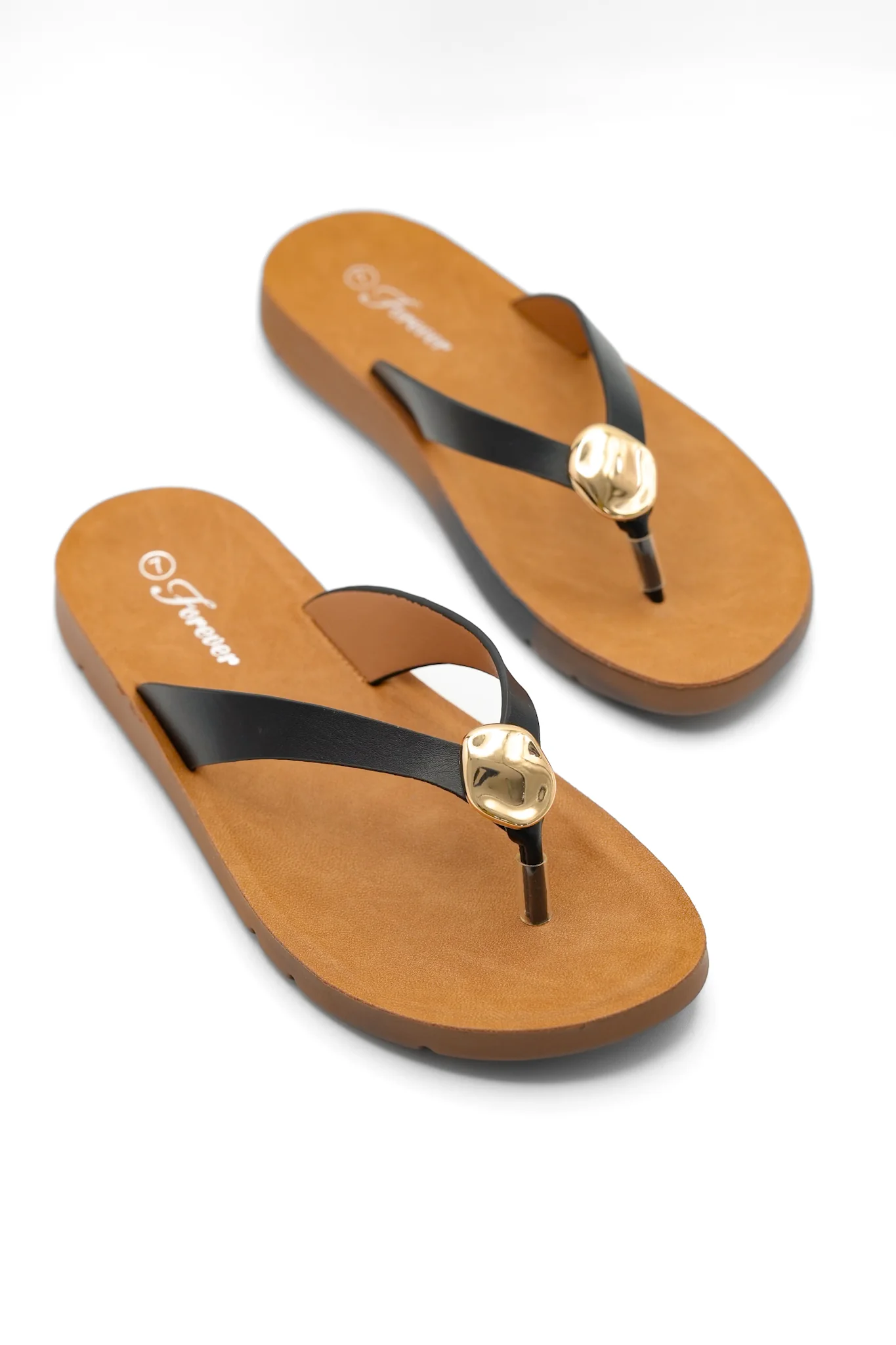 Vegan Leather Thong Sandal with Gold Accent Detail - Image 2