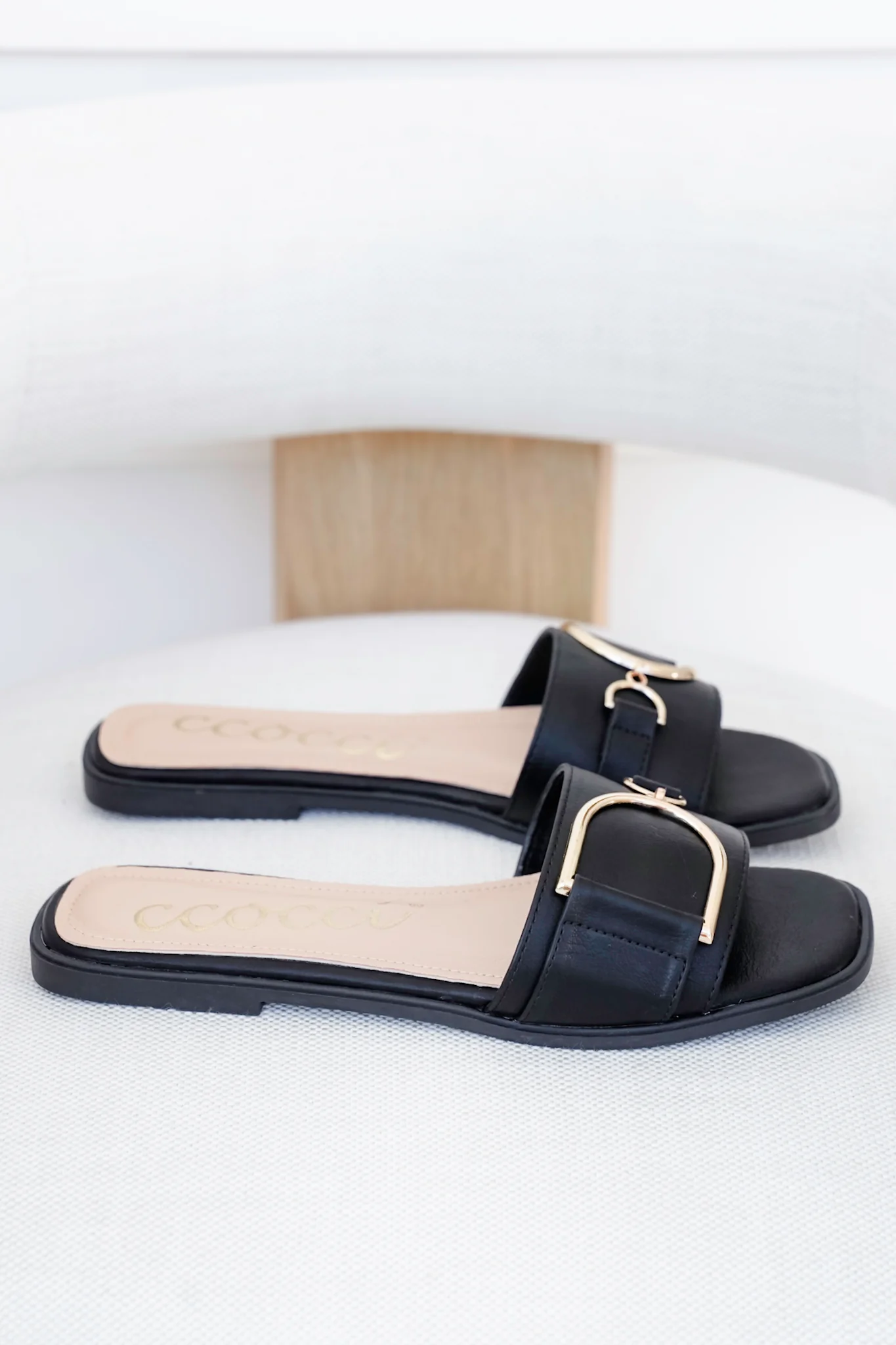 Vegan Slide Sandal with Gold Buckle Accent - Image 7