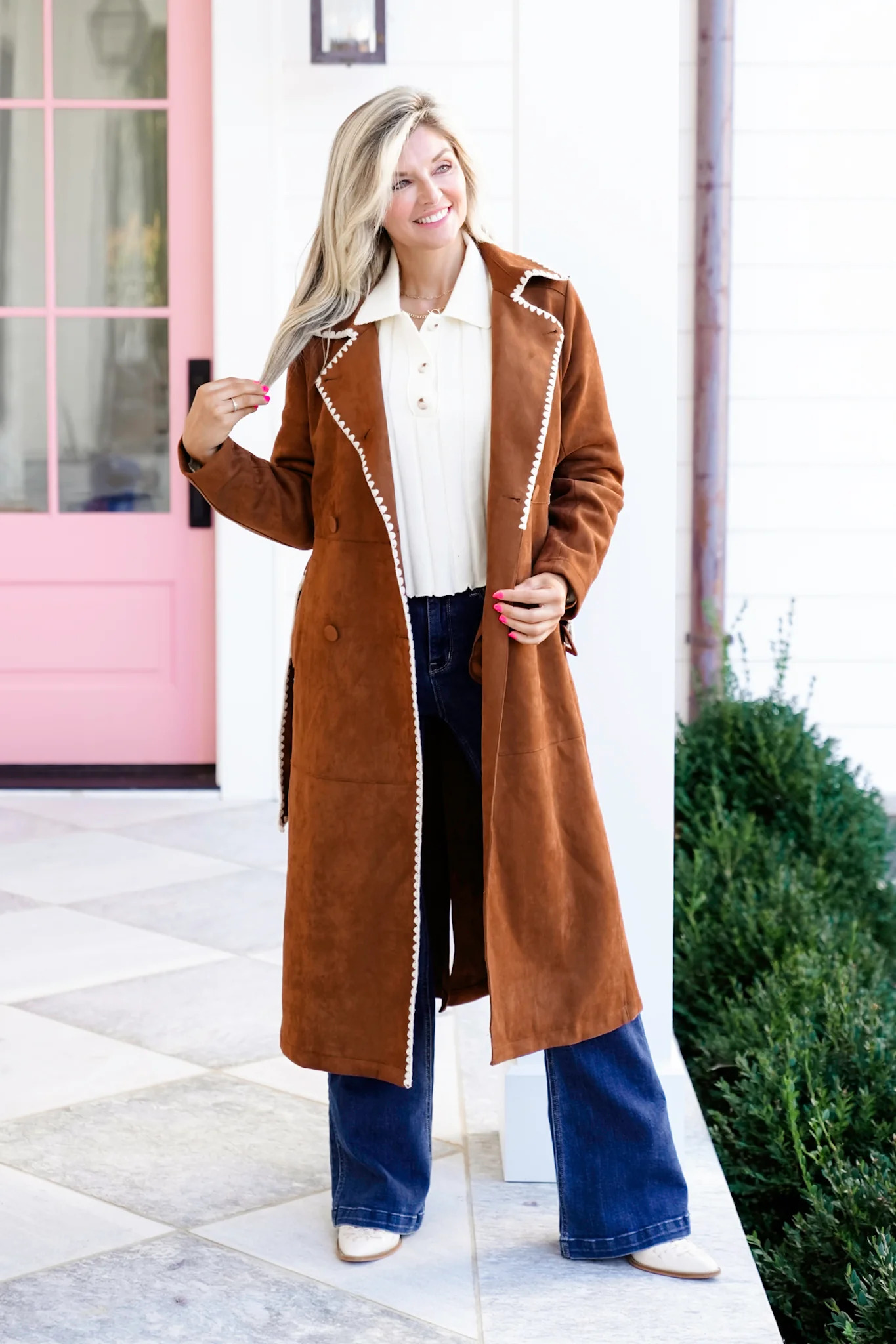 Vegan Suede Long Sleeve Trench Coat with Stitching - Image 3