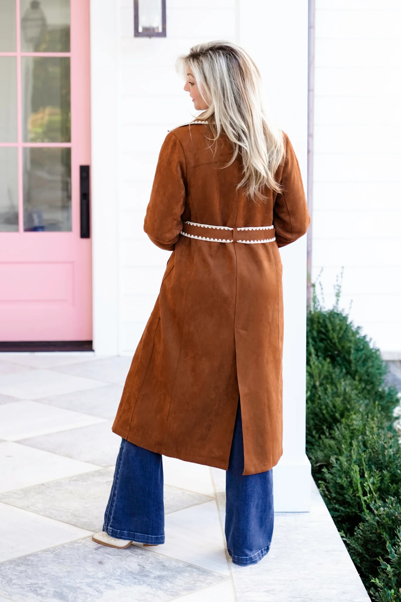 Vegan Suede Long Sleeve Trench Coat with Stitching - Image 5