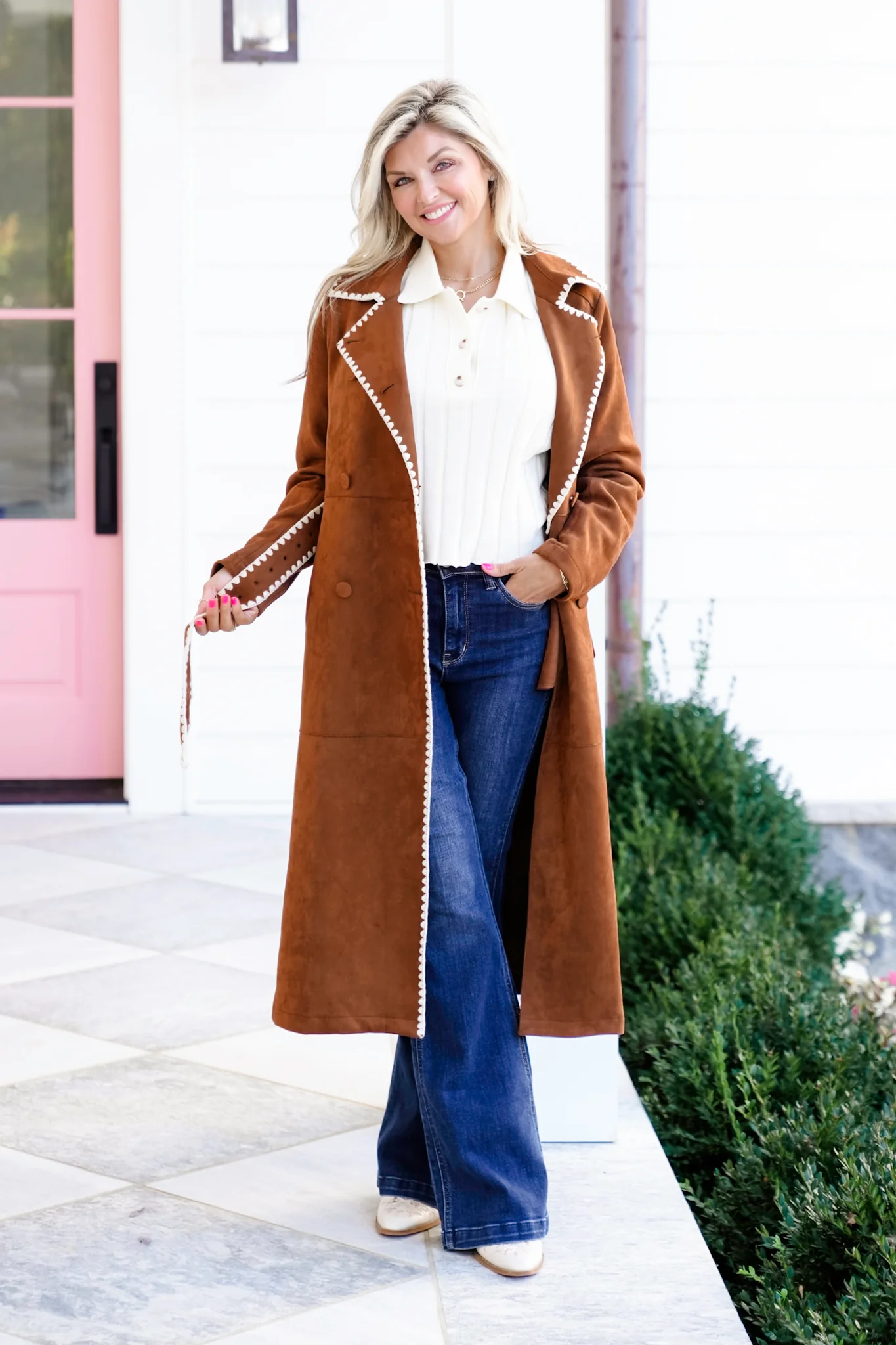 Vegan Suede Long Sleeve Trench Coat with Stitching - Image 6