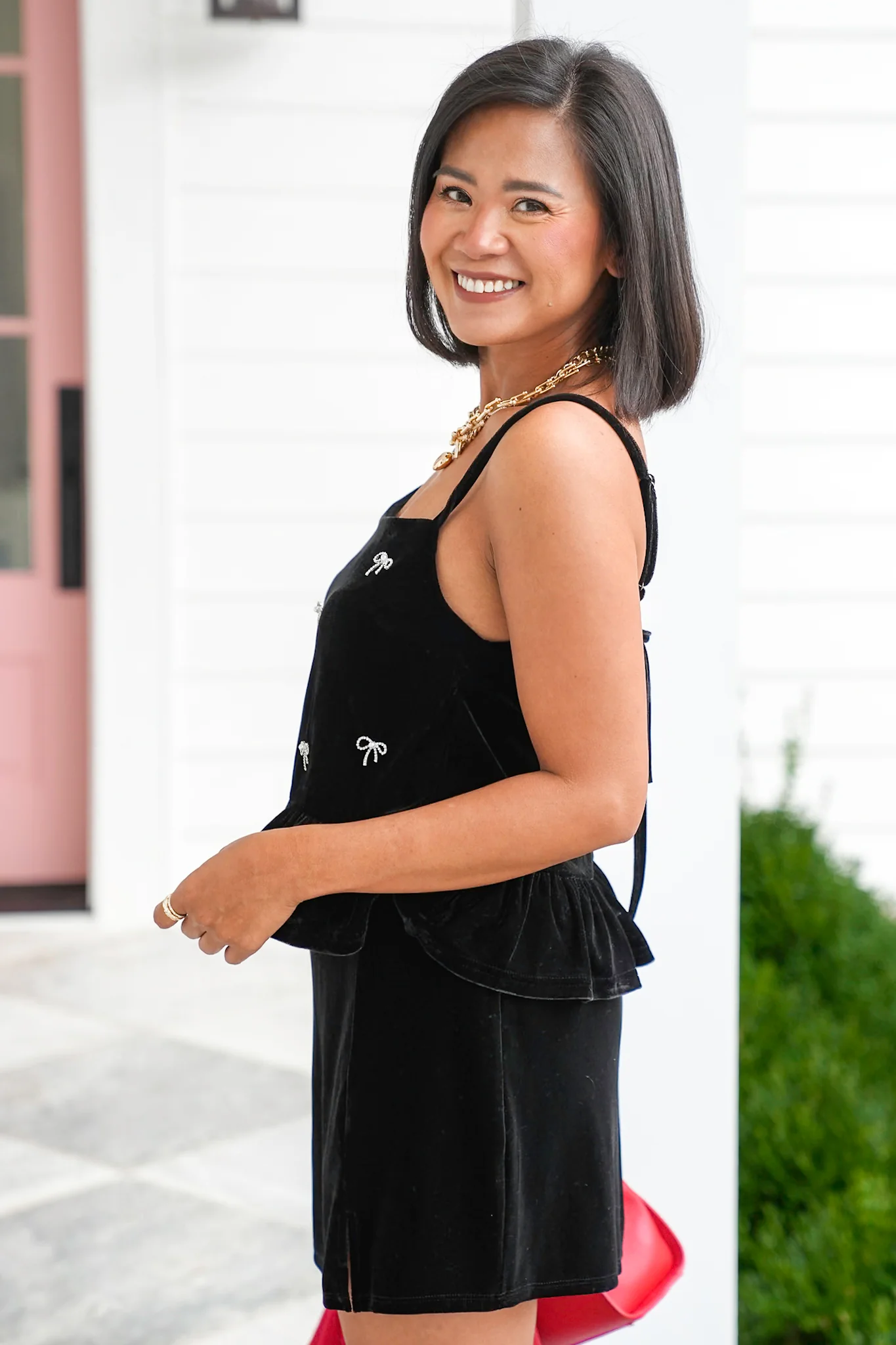 Velvet Baby Doll Top with Rhinestone Bows - Image 4