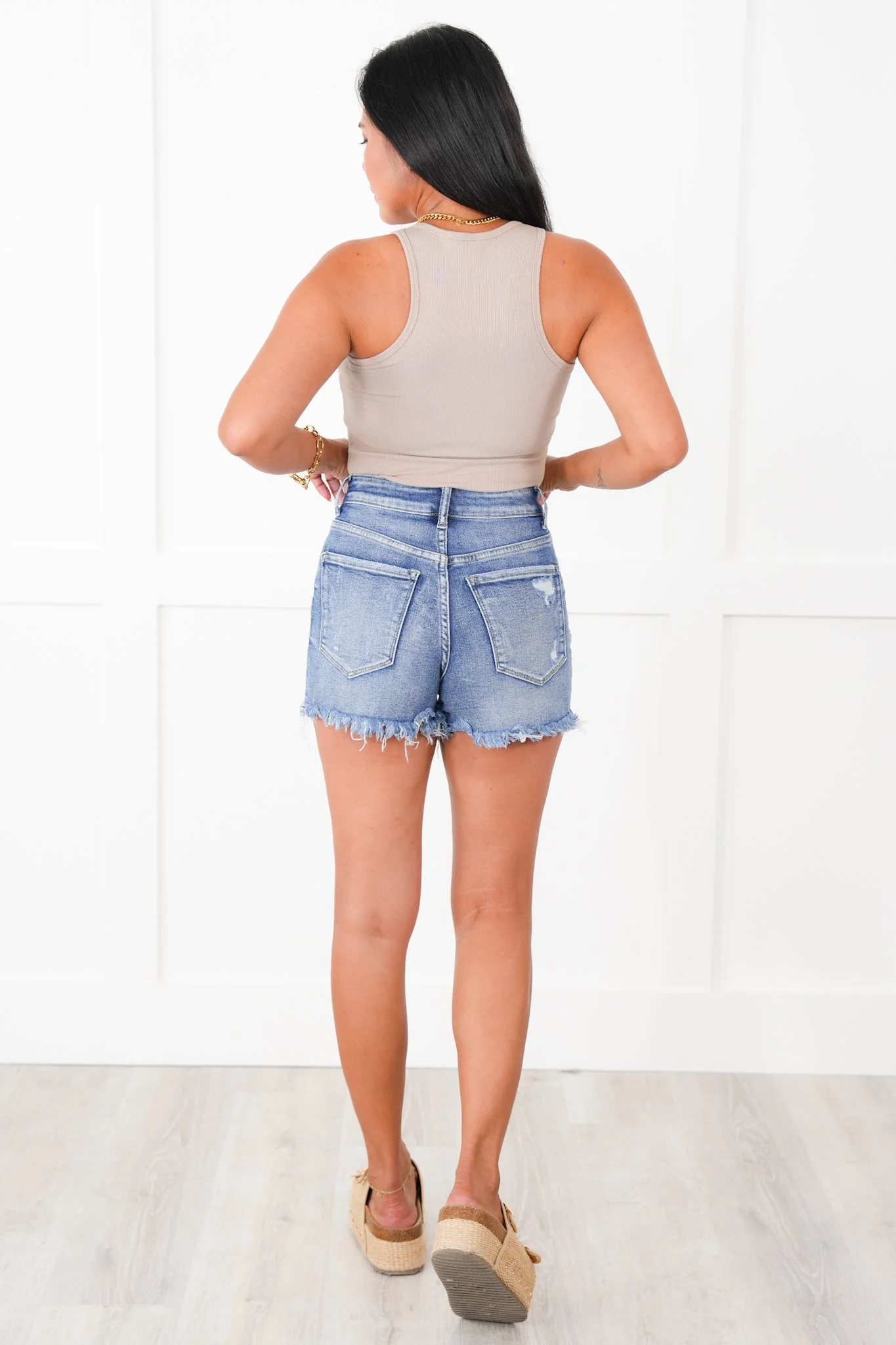 Vervet High Rise Button Up Frayed Hem Shorts - Image 4
