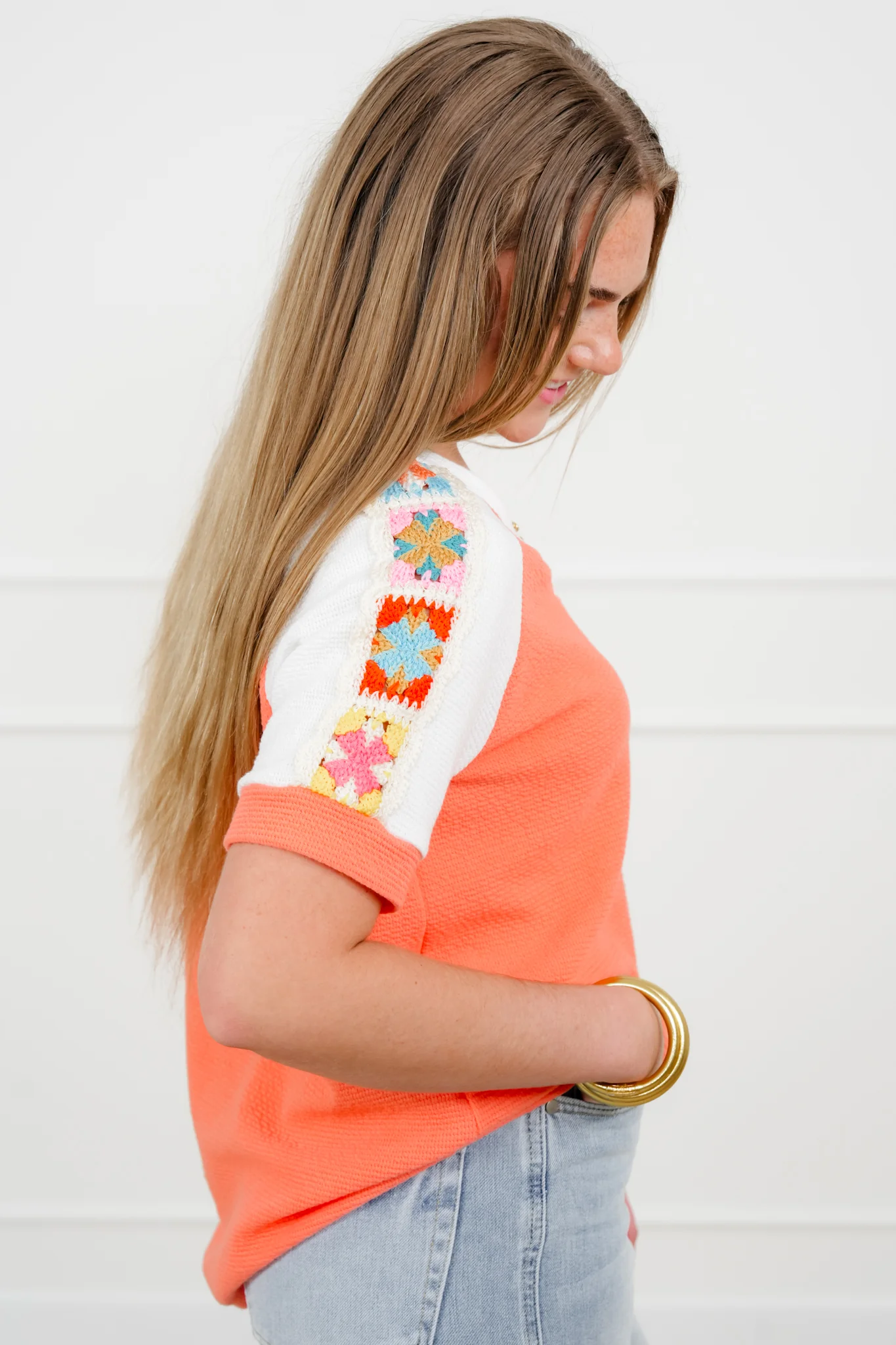 Waffle Knit Short Sleeve V Neck Top with Crocheted Detail - Image 3
