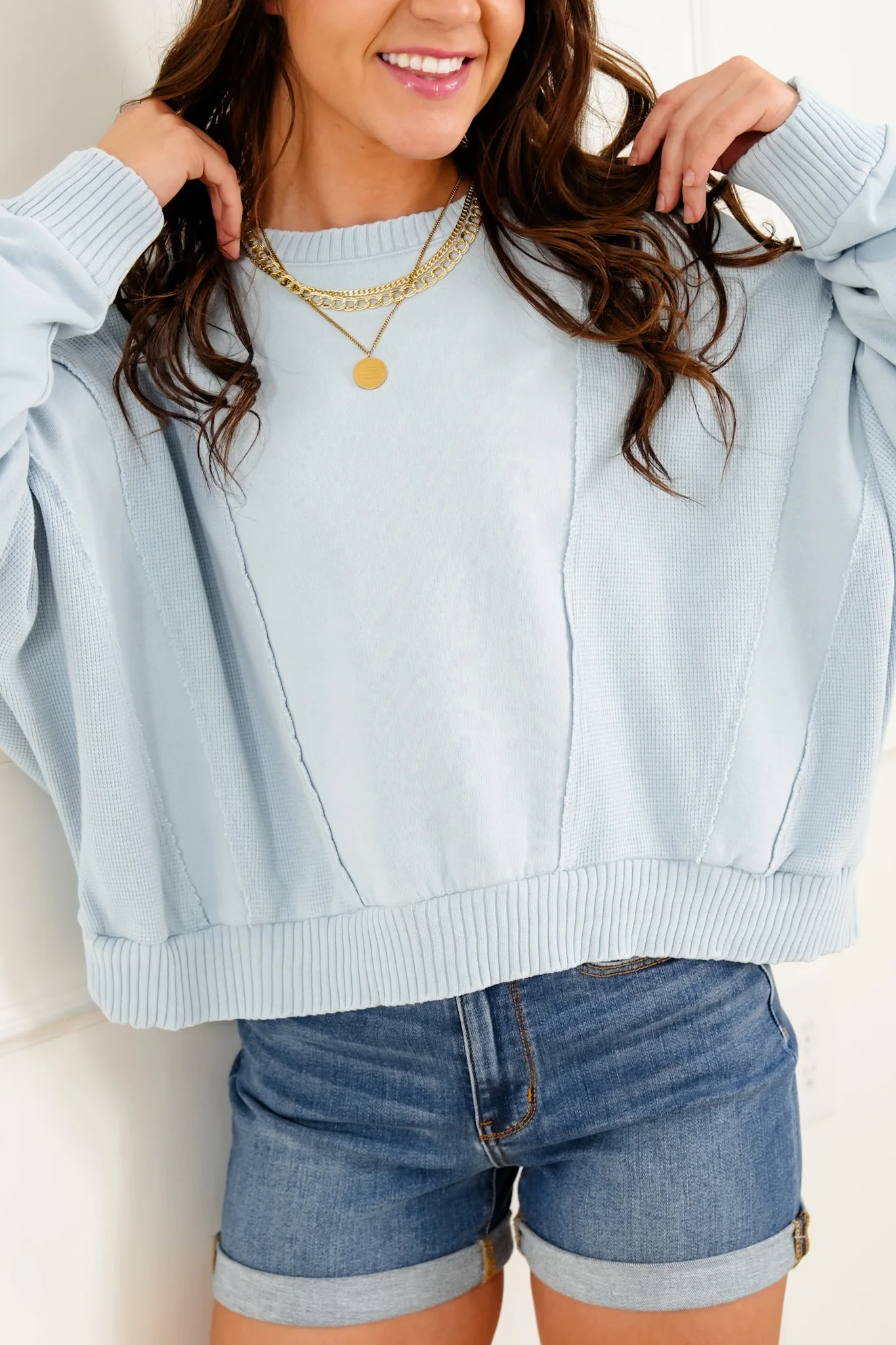 Washed Dolman Sleeve Sweatshirt with Waffle Knit Trim - Image 3