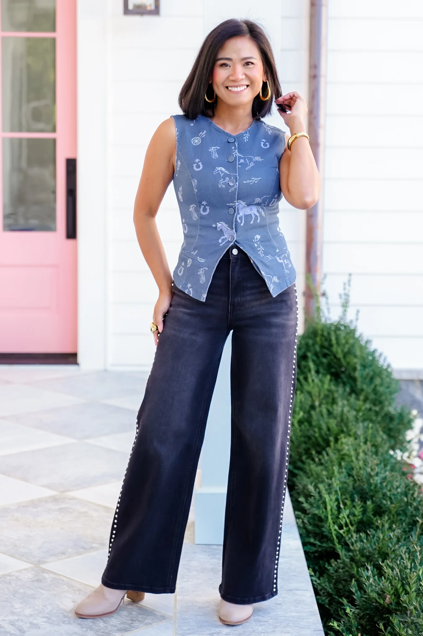 Western Print Button Down Vest - Image 2