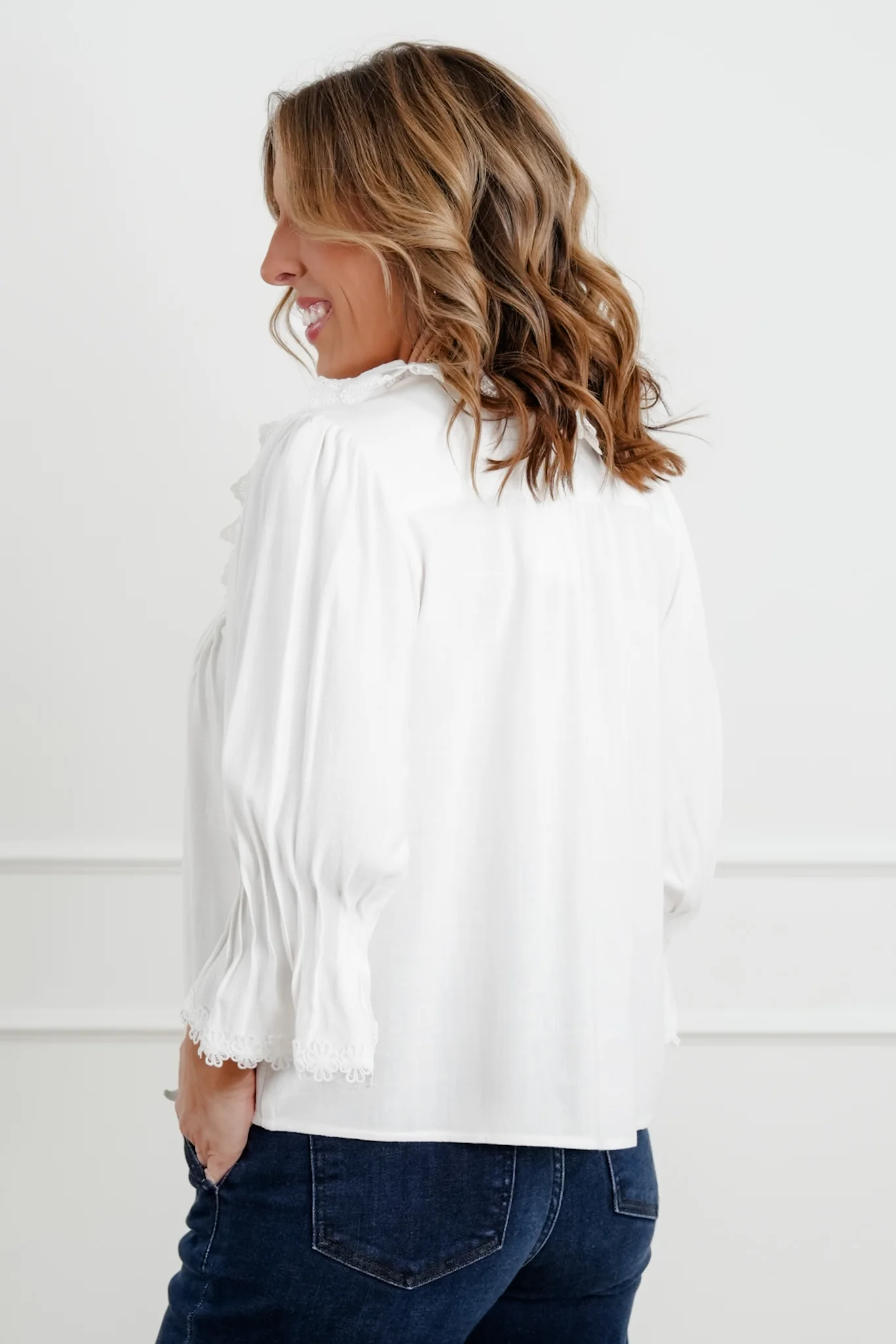 White 3/4 Sleeve Button Down Top with Lace Trim - Image 3