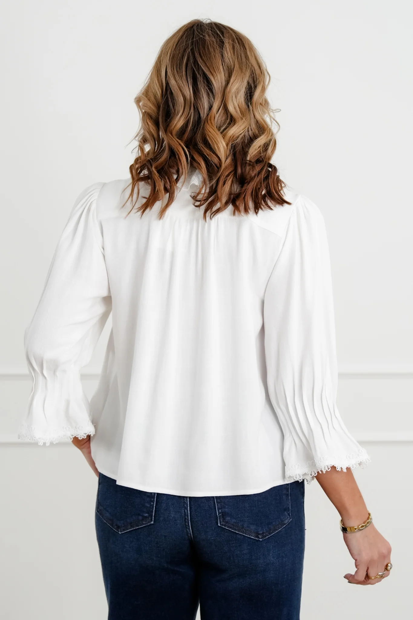 White 3/4 Sleeve Button Down Top with Lace Trim - Image 4