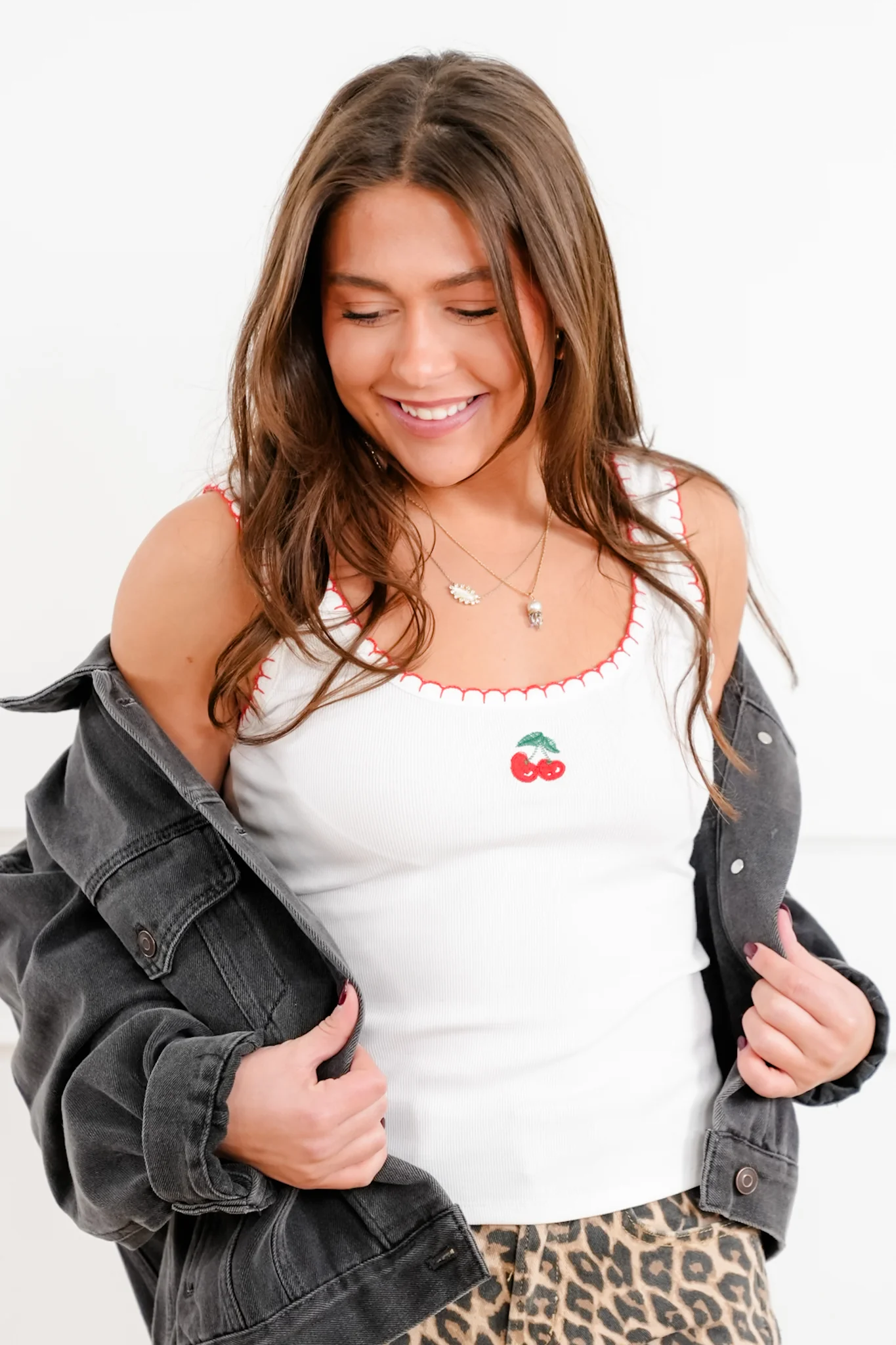 White Embroidered Cherry Tank Top