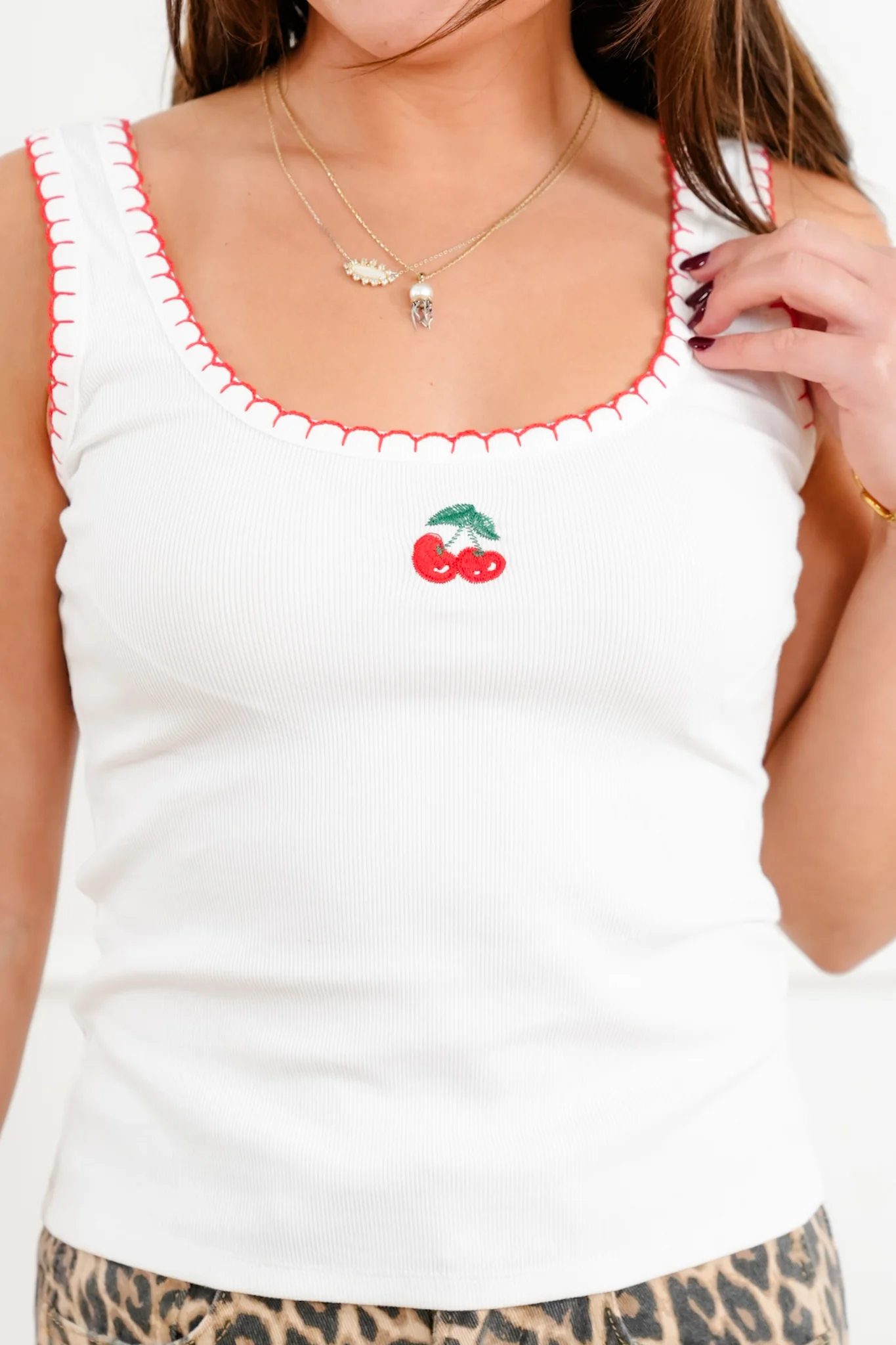 White Embroidered Cherry Tank Top - Image 3