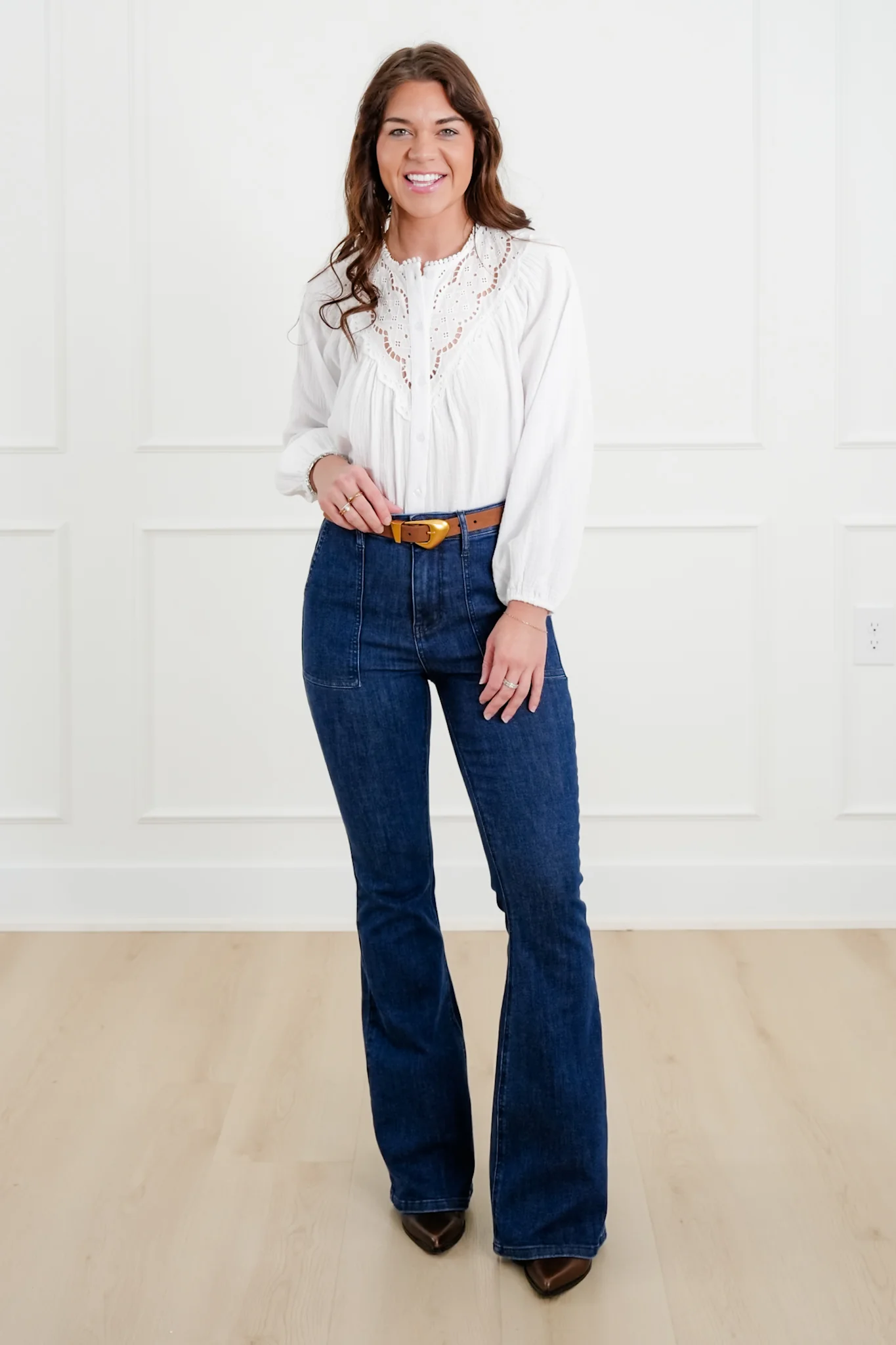 White Gauze Long Sleeve Button Down Top with Lace Trim - Image 2