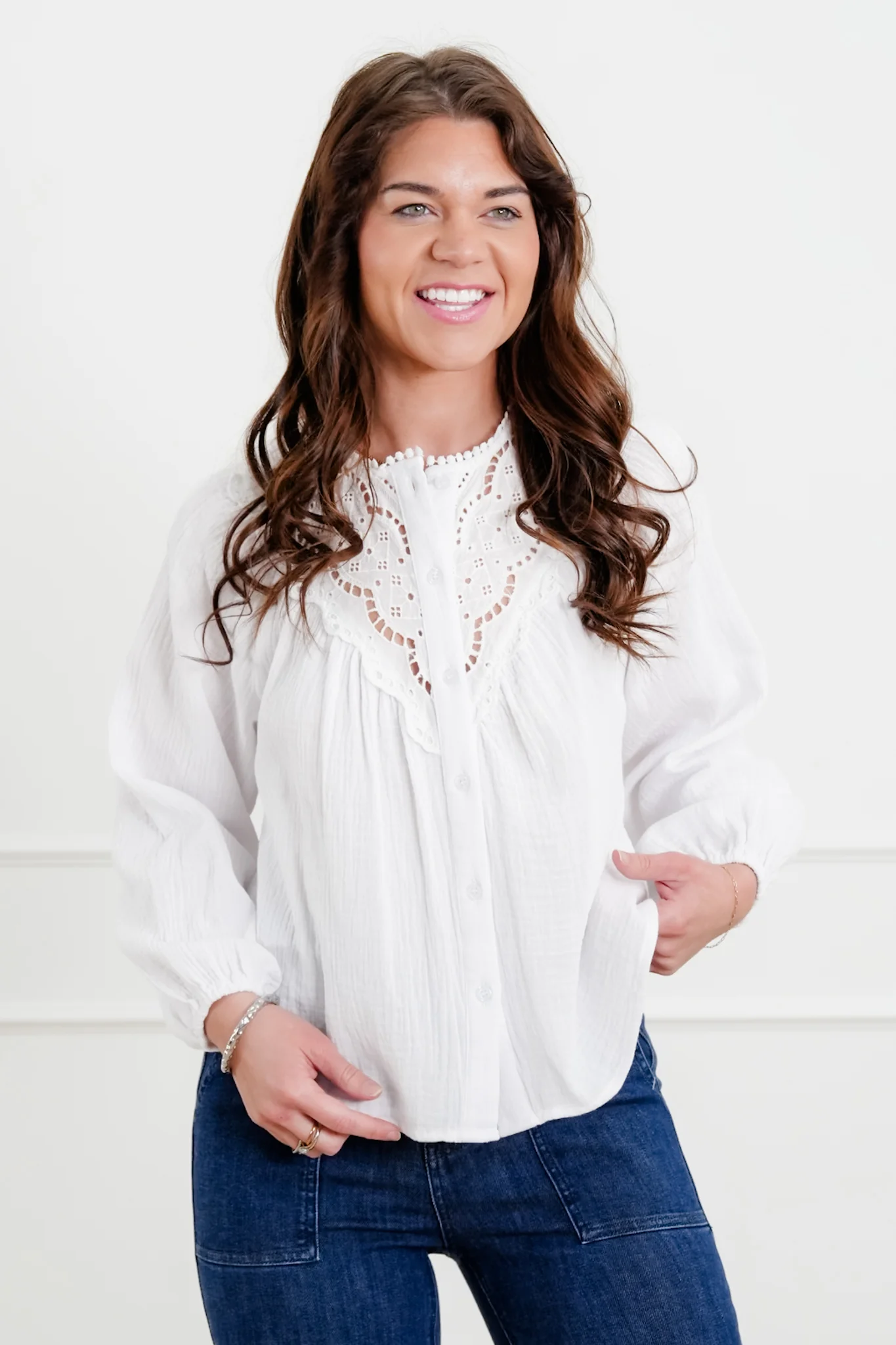 White Gauze Long Sleeve Button Down Top with Lace Trim - Image 3
