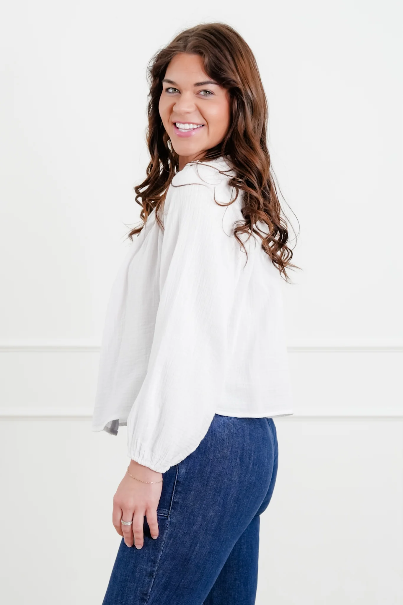White Gauze Long Sleeve Button Down Top with Lace Trim - Image 4