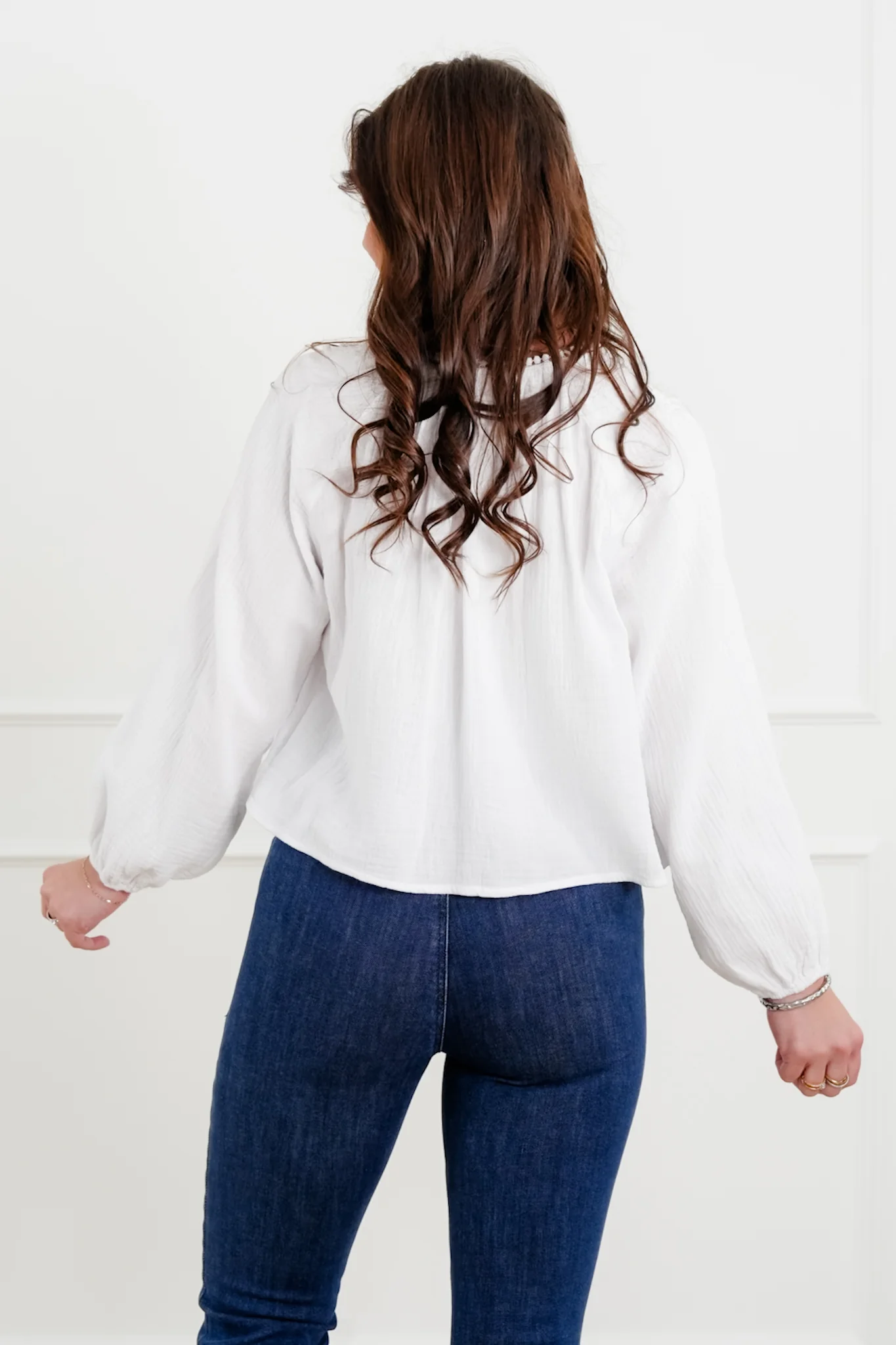 White Gauze Long Sleeve Button Down Top with Lace Trim - Image 5