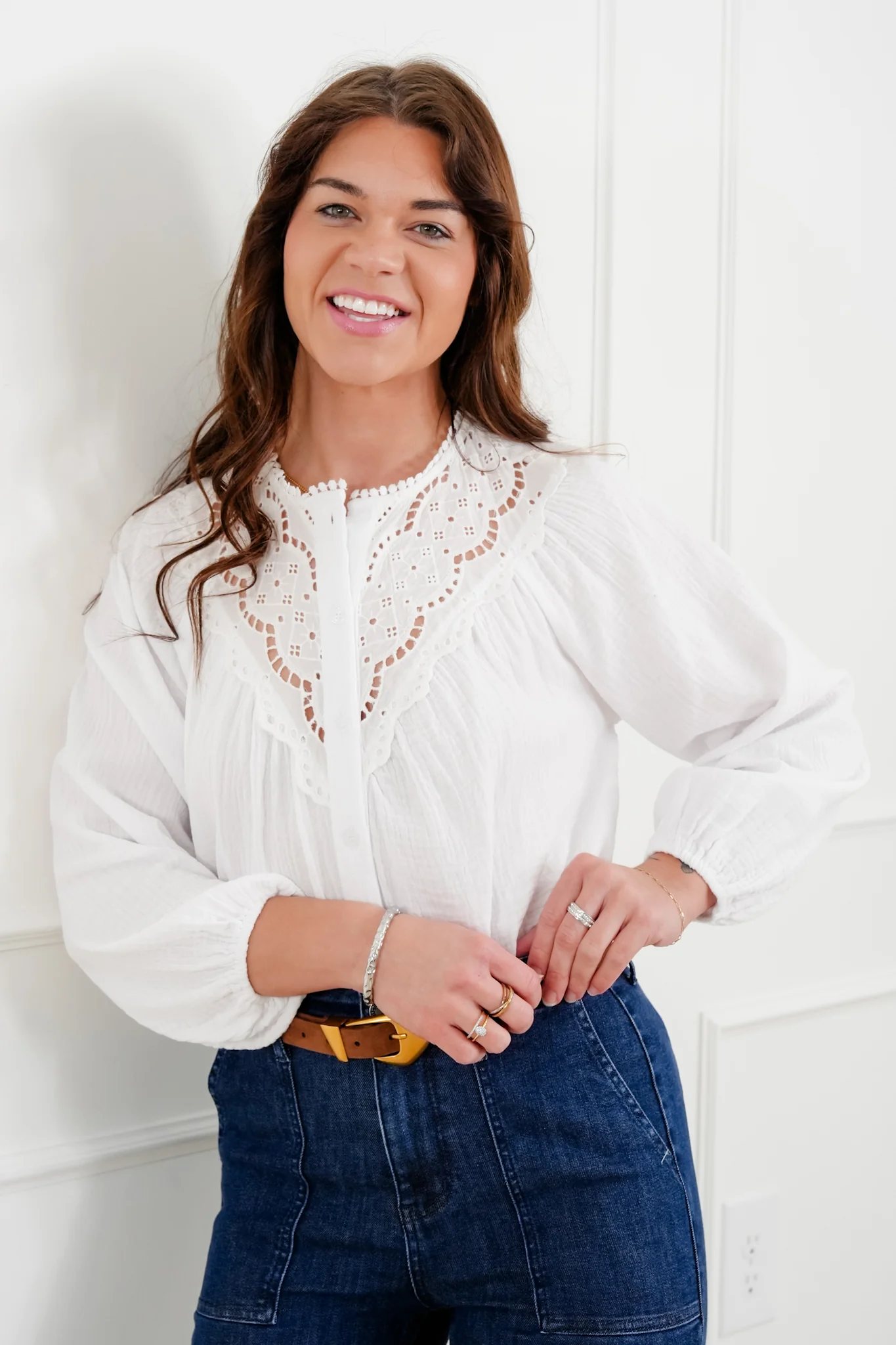 White Gauze Long Sleeve Button Down Top with Lace Trim - Image 6