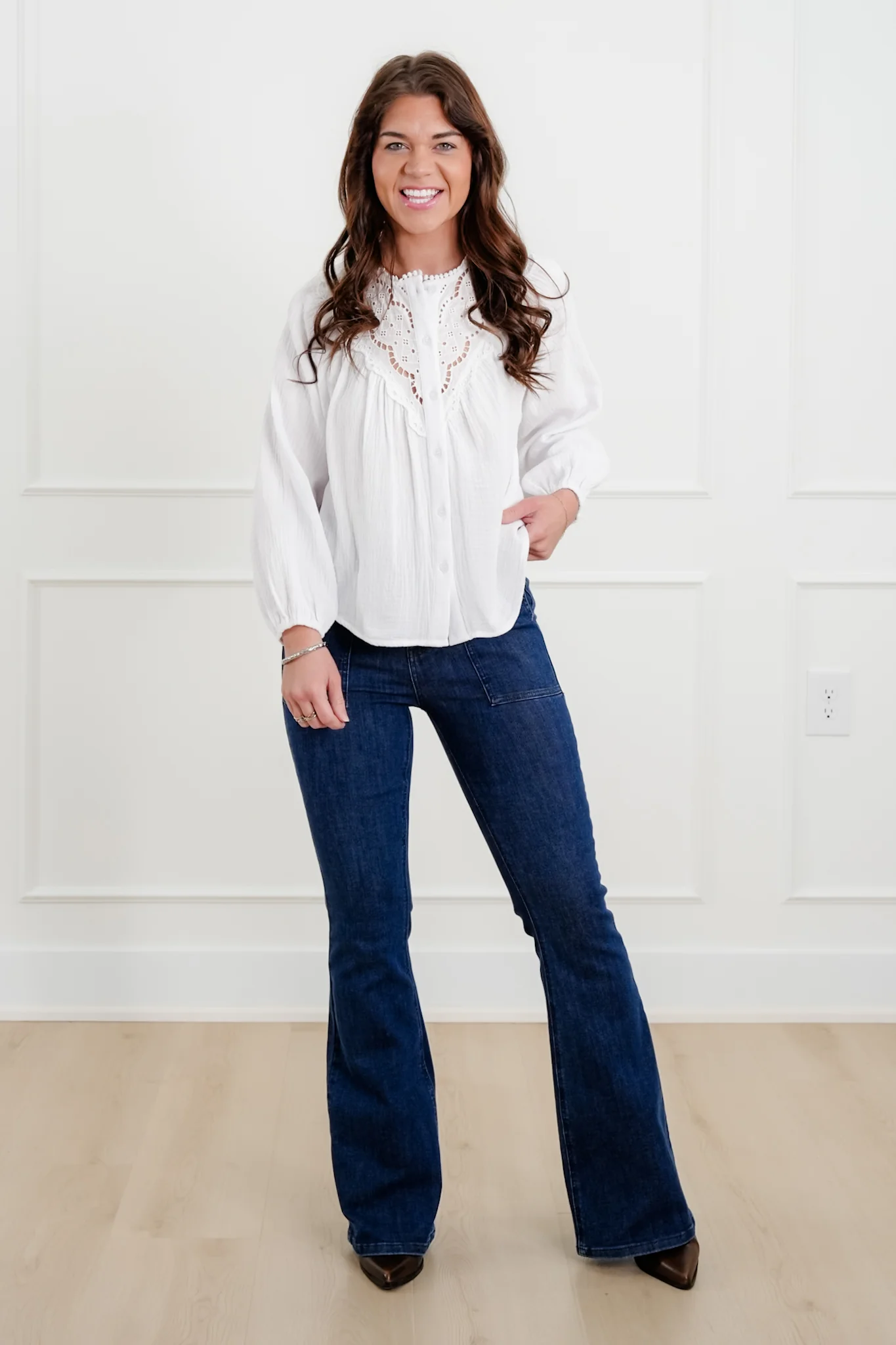 White Gauze Long Sleeve Button Down Top with Lace Trim - Image 7