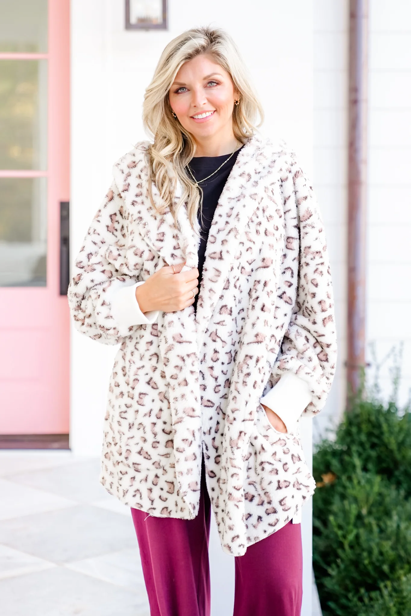 White Leopard Fleece Long Sleeve Hooded Open Front Jacket - Image 4