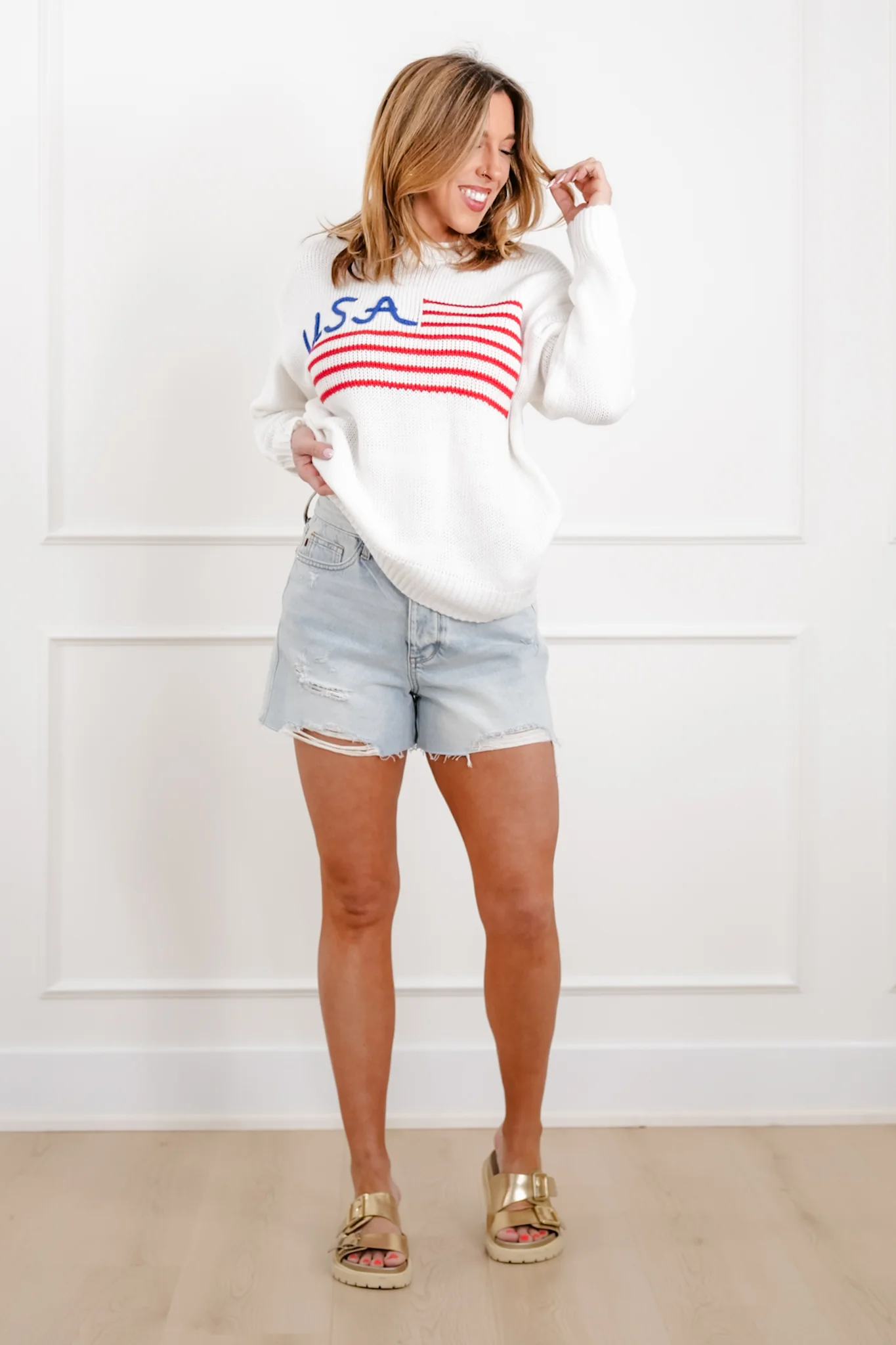 White Long Sleeve "USA" Pullover Knit Sweater - Image 2