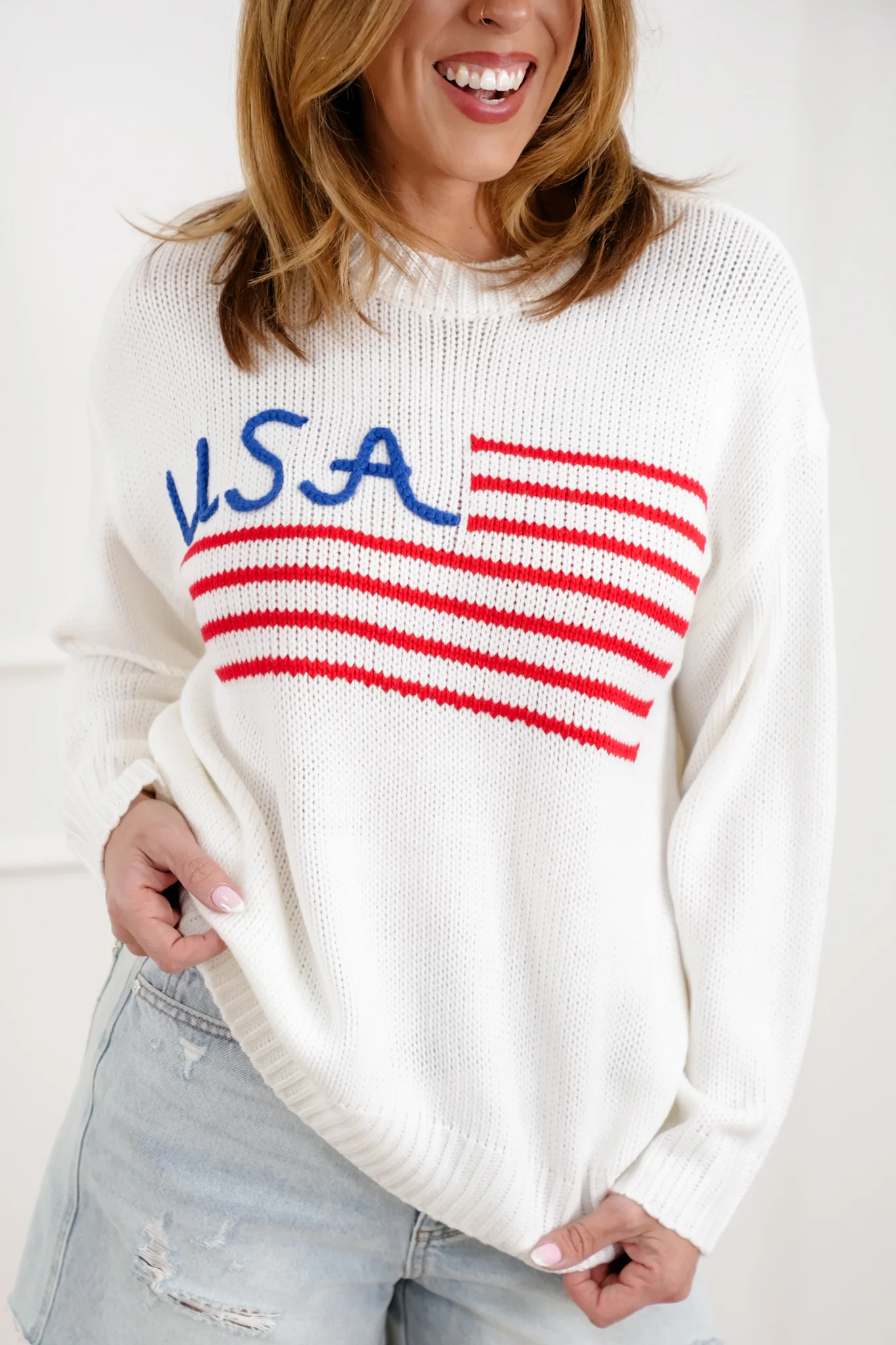 White Long Sleeve "USA" Pullover Knit Sweater - Image 5