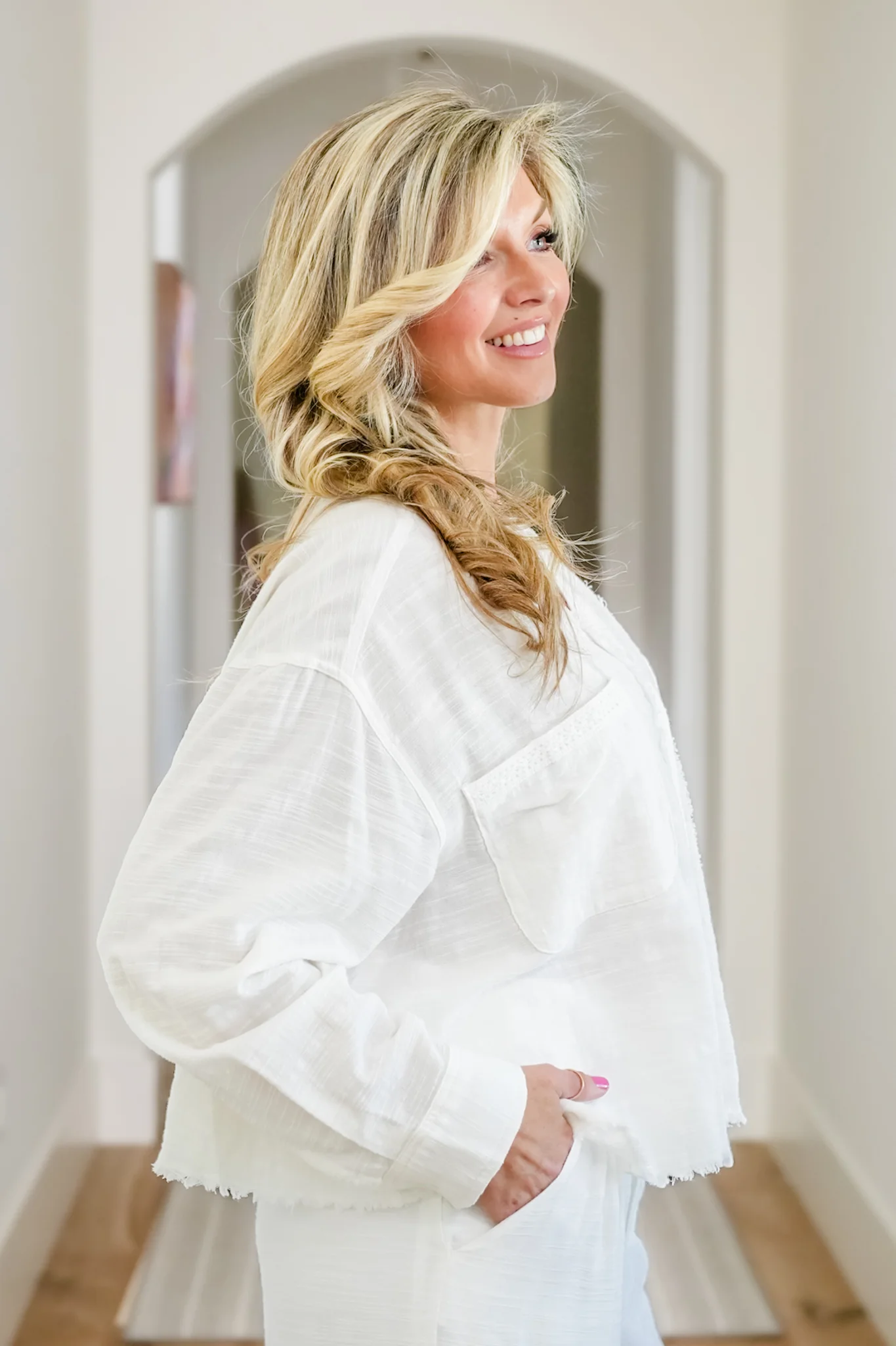 Woven Long Sleeve Button Down Top with Lace Trim - Image 4