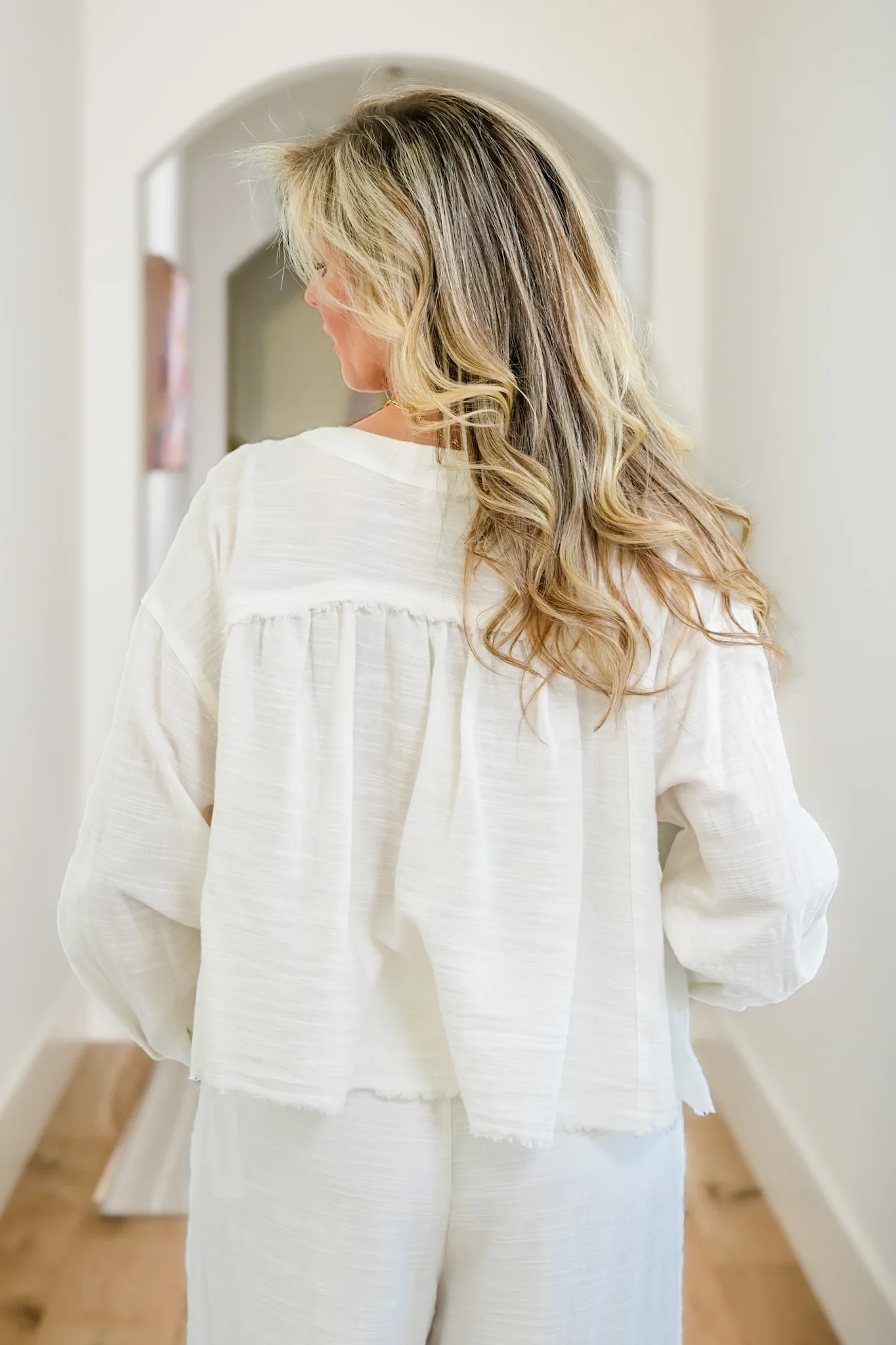 Woven Long Sleeve Button Down Top with Lace Trim - Image 5