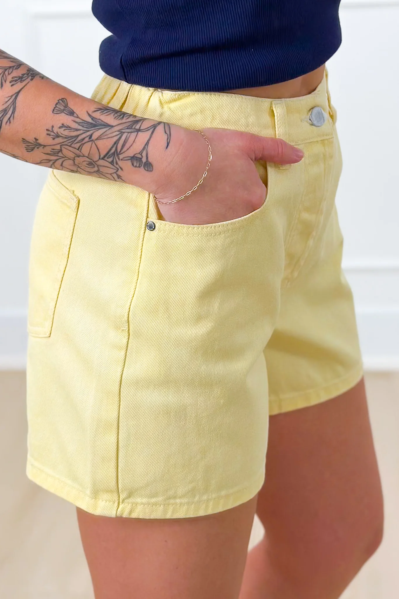 Yellow Cotton Denim Shorts with Elastic Back - Image 4