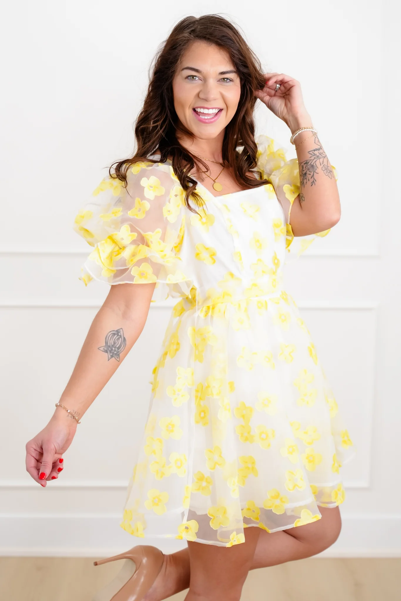 Yellow Floral Organza Short Sleeve Mini Dress - Image 3