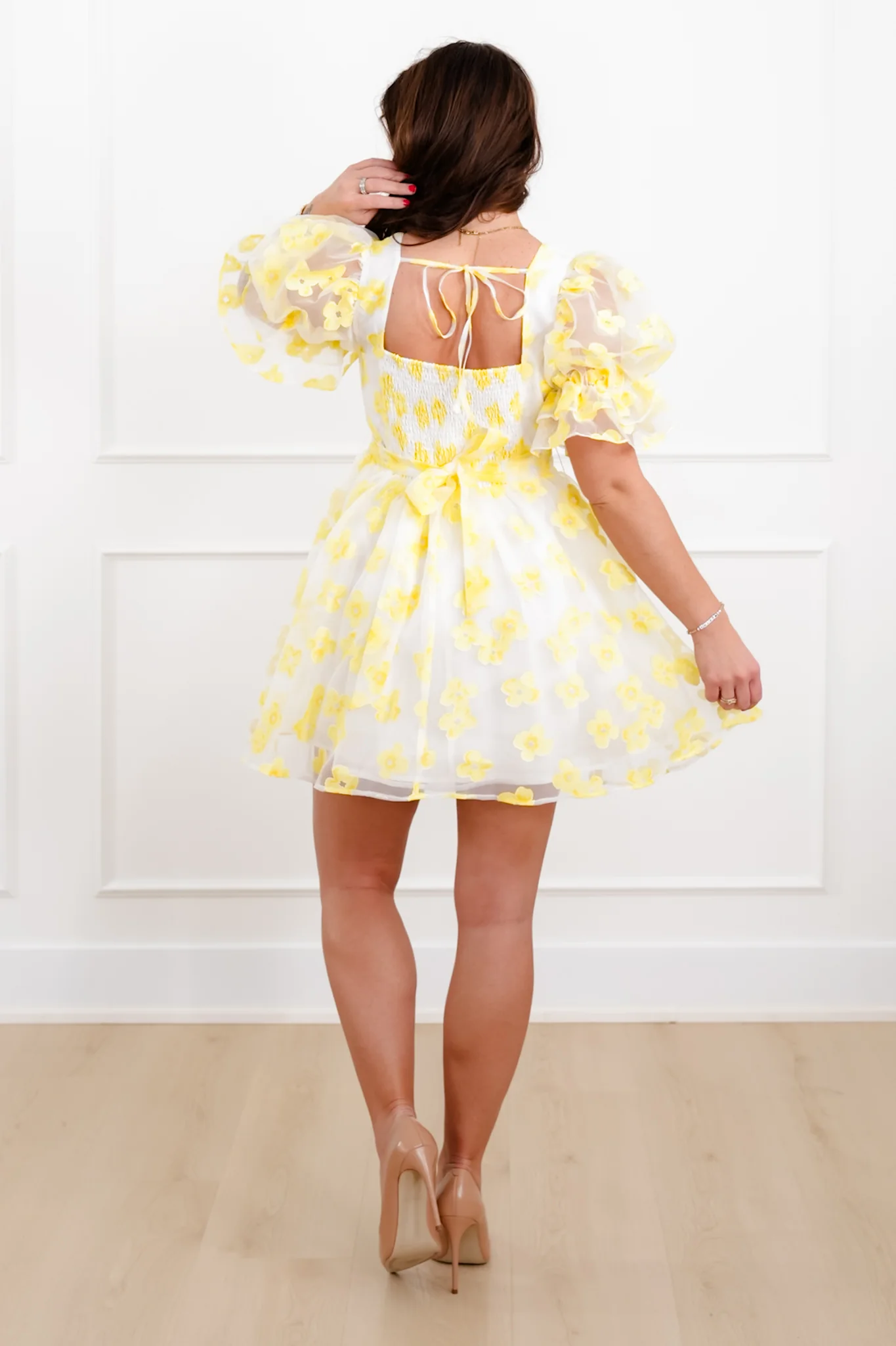 Yellow Floral Organza Short Sleeve Mini Dress - Image 4