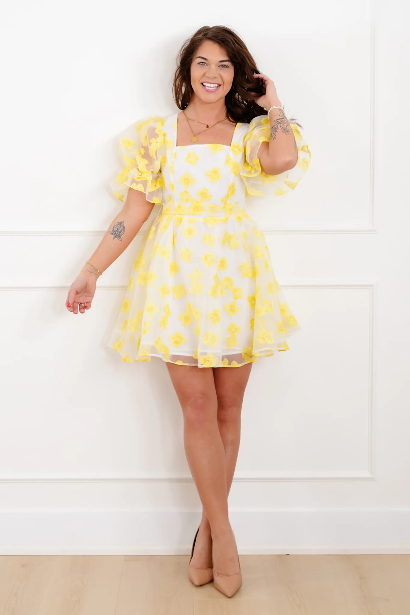 Yellow Floral Organza Short Sleeve Mini Dress - Image 5